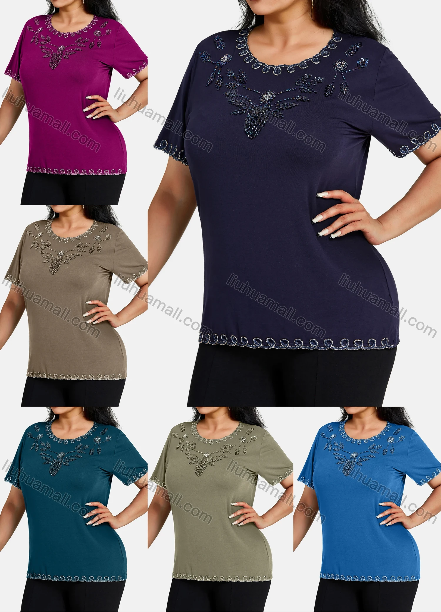 Wholesale Women's Elegant Round Neck Floral Embroidery Short Sleeve T-Shirt - Liuhuamall