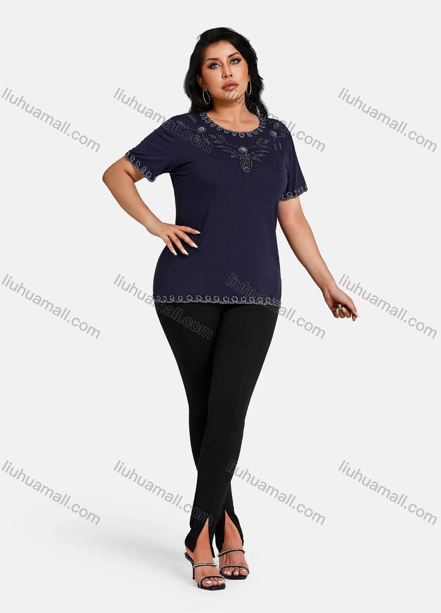 Wholesale Women's Elegant Round Neck Floral Embroidery Short Sleeve T-Shirt - Liuhuamall