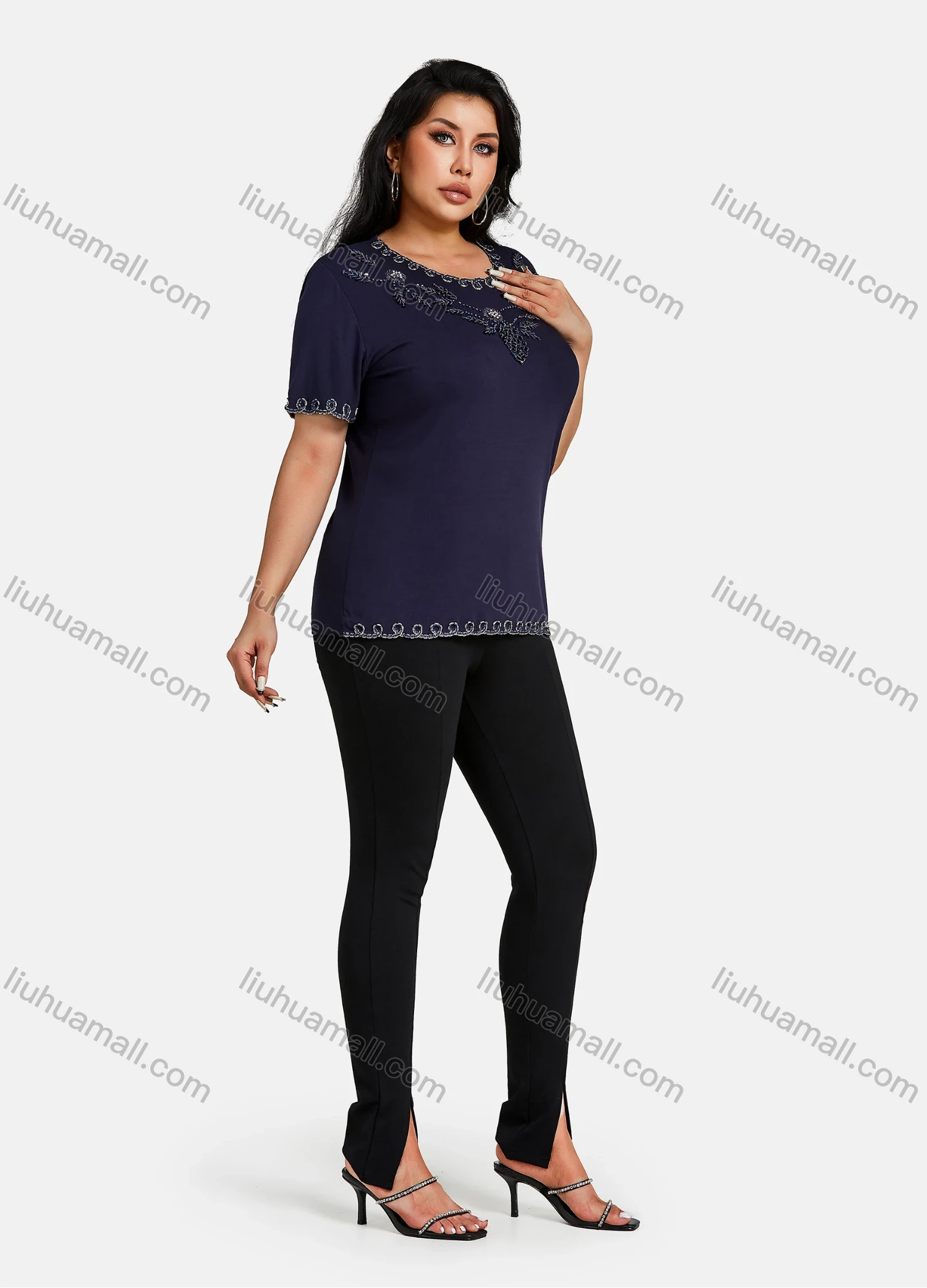Wholesale Women's Elegant Round Neck Floral Embroidery Short Sleeve T-Shirt - Liuhuamall