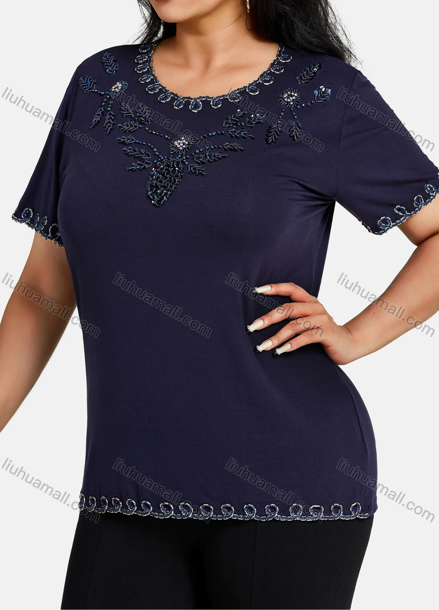Wholesale Women's Elegant Round Neck Floral Embroidery Short Sleeve T-Shirt - Liuhuamall