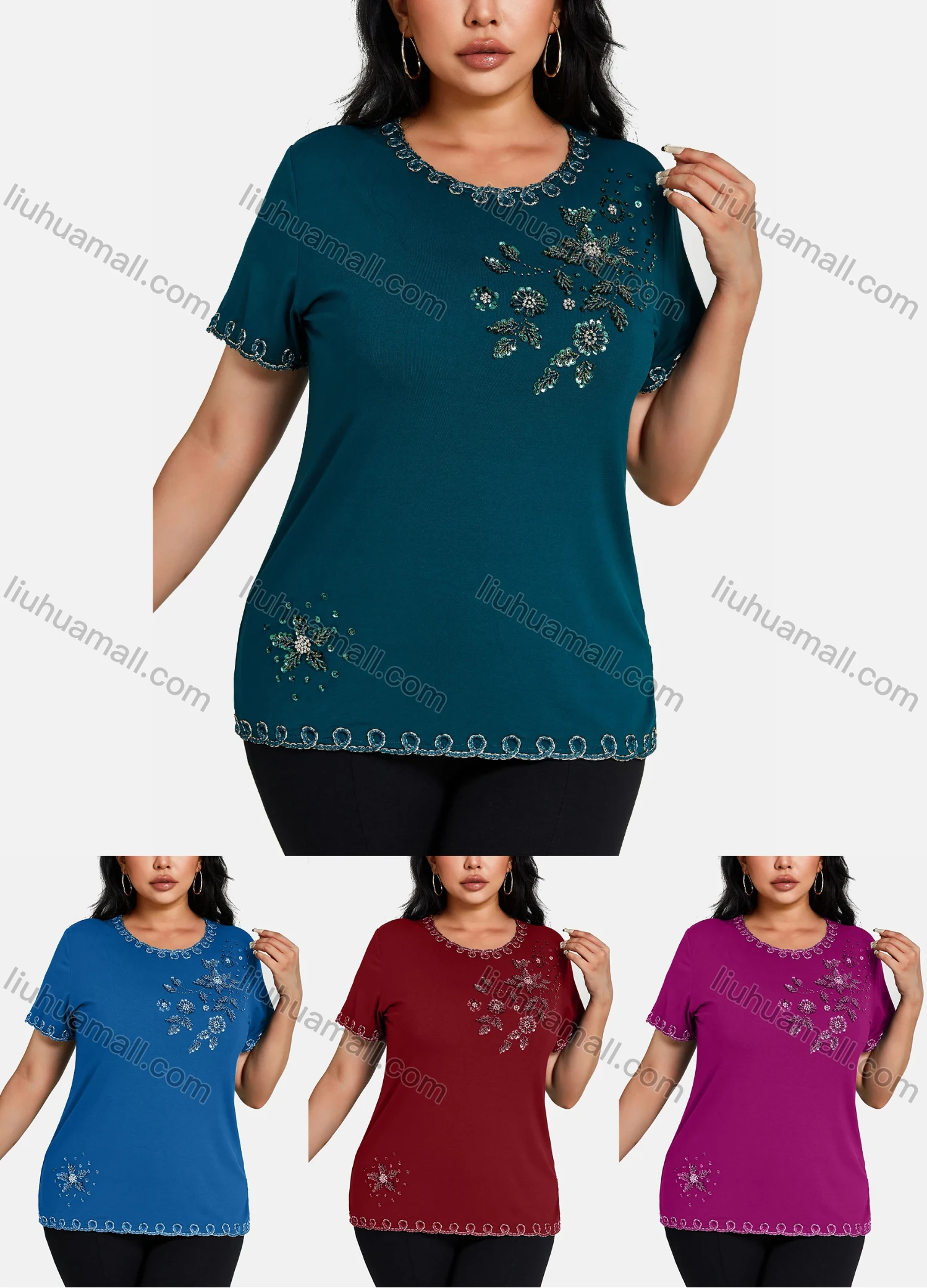 Wholesale Women's Elegant Round Neck Floral Embroidery Short Sleeve T-Shirt - Liuhuamall