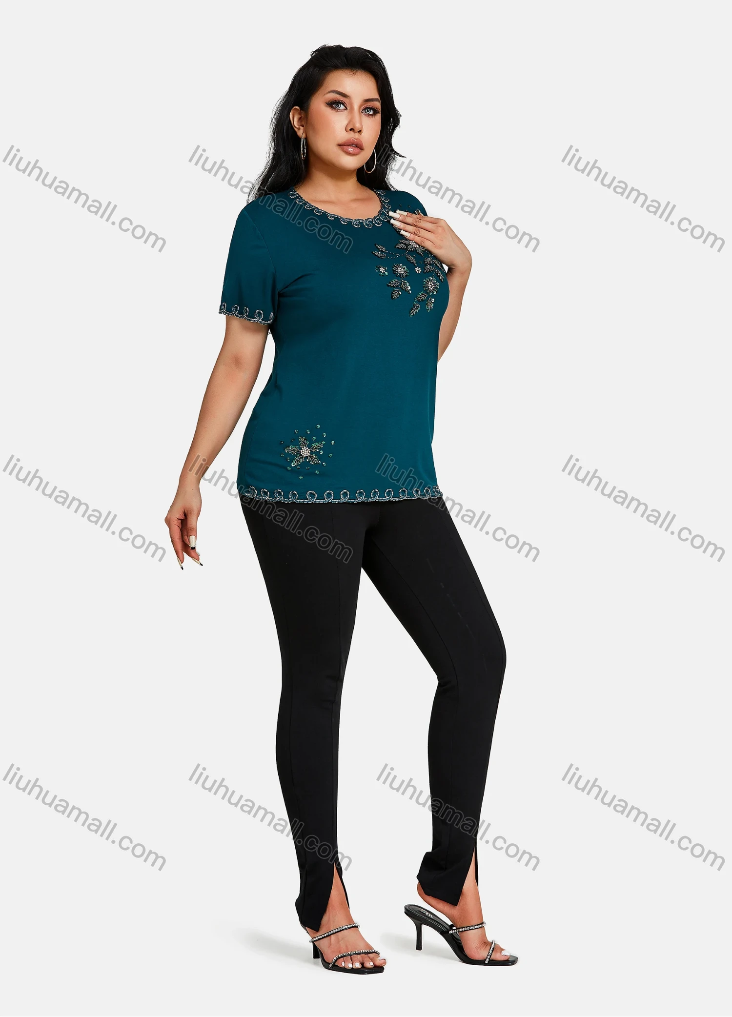 Wholesale Women's Elegant Round Neck Floral Embroidery Short Sleeve T-Shirt - Liuhuamall