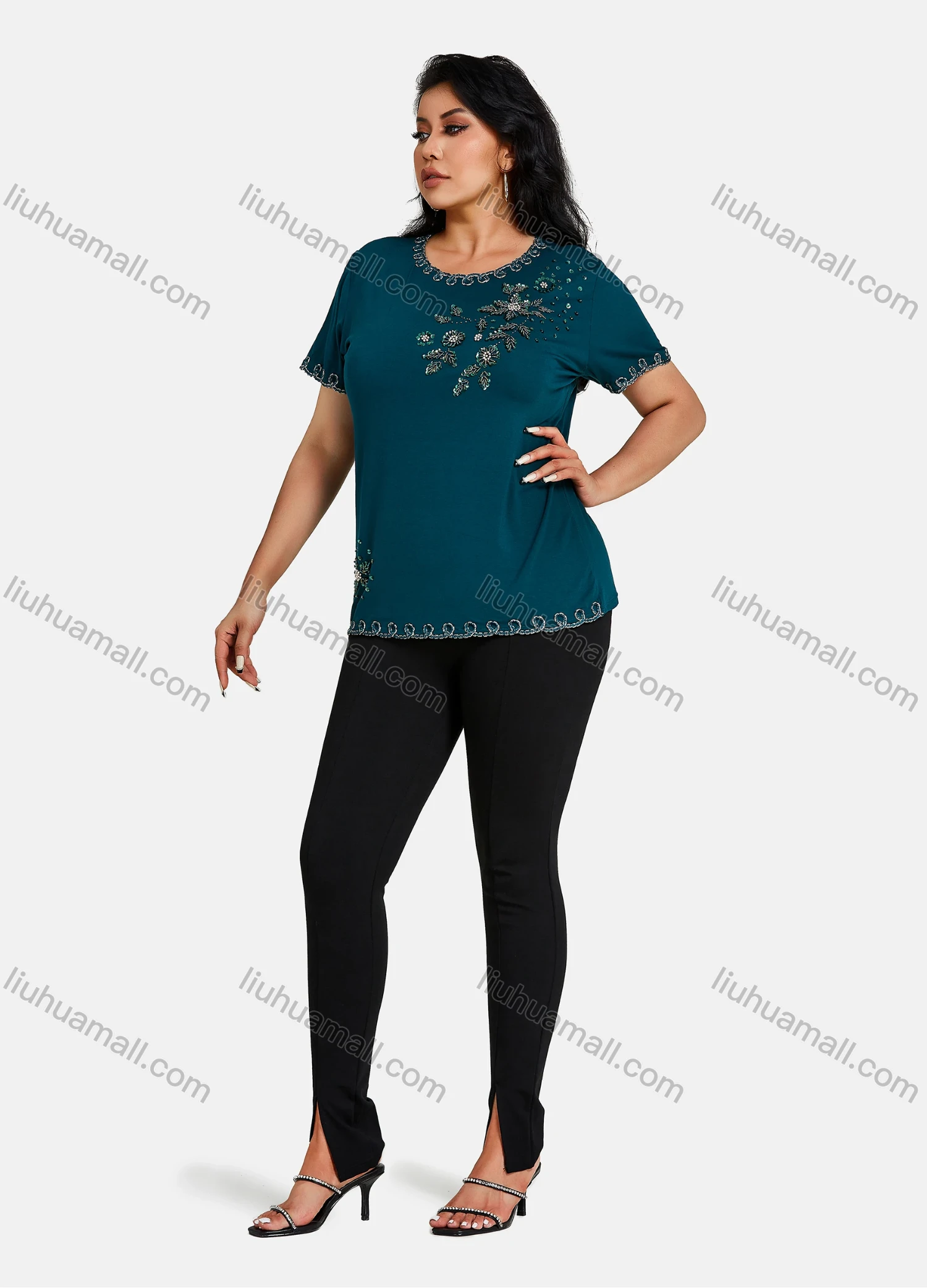 Wholesale Women's Elegant Round Neck Floral Embroidery Short Sleeve T-Shirt - Liuhuamall