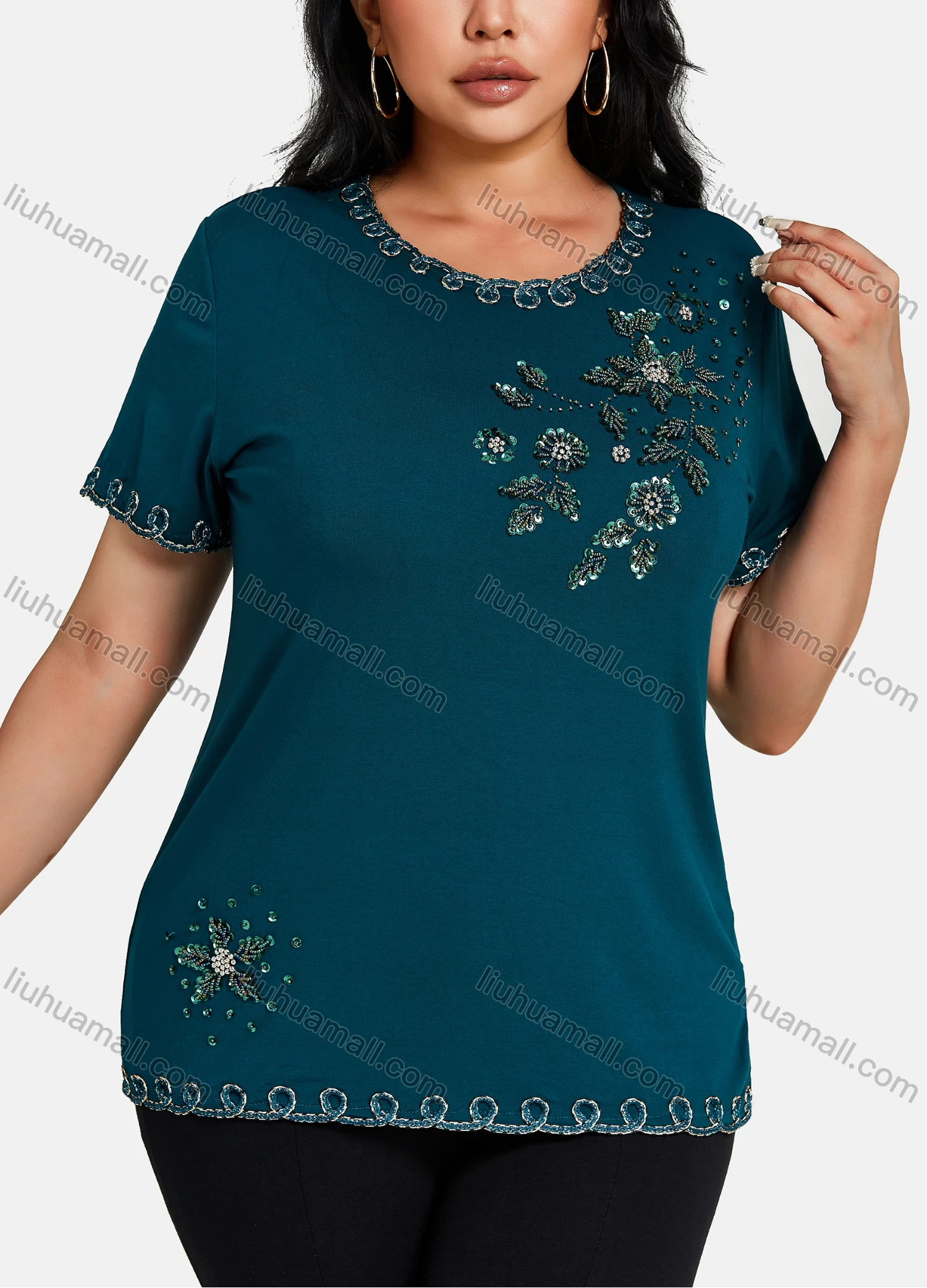 Wholesale Women's Elegant Round Neck Floral Embroidery Short Sleeve T-Shirt - Liuhuamall