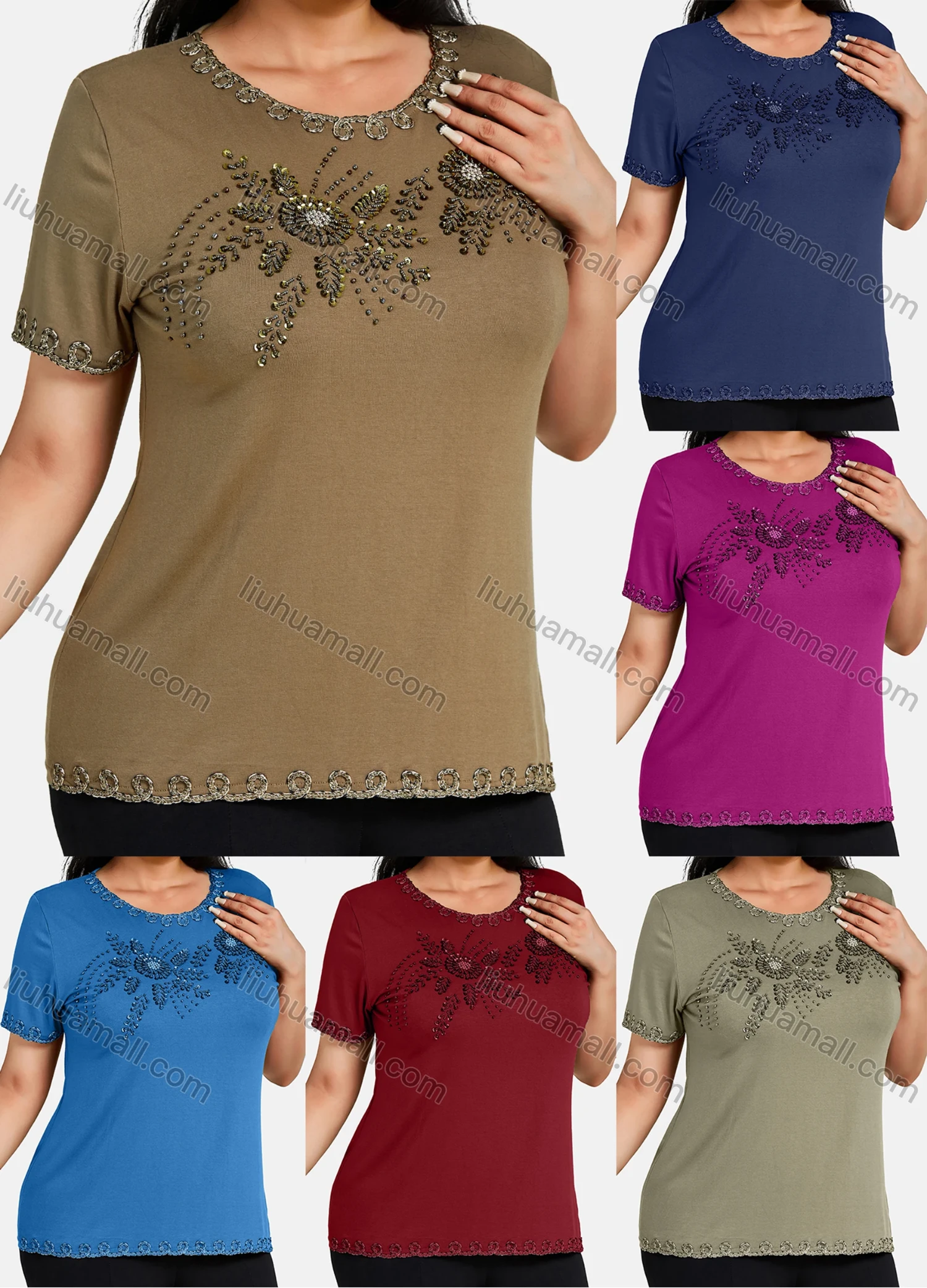 Wholesale Women's Elegant Round Neck Floral Embroidery Short Sleeve T-Shirt - Liuhuamall