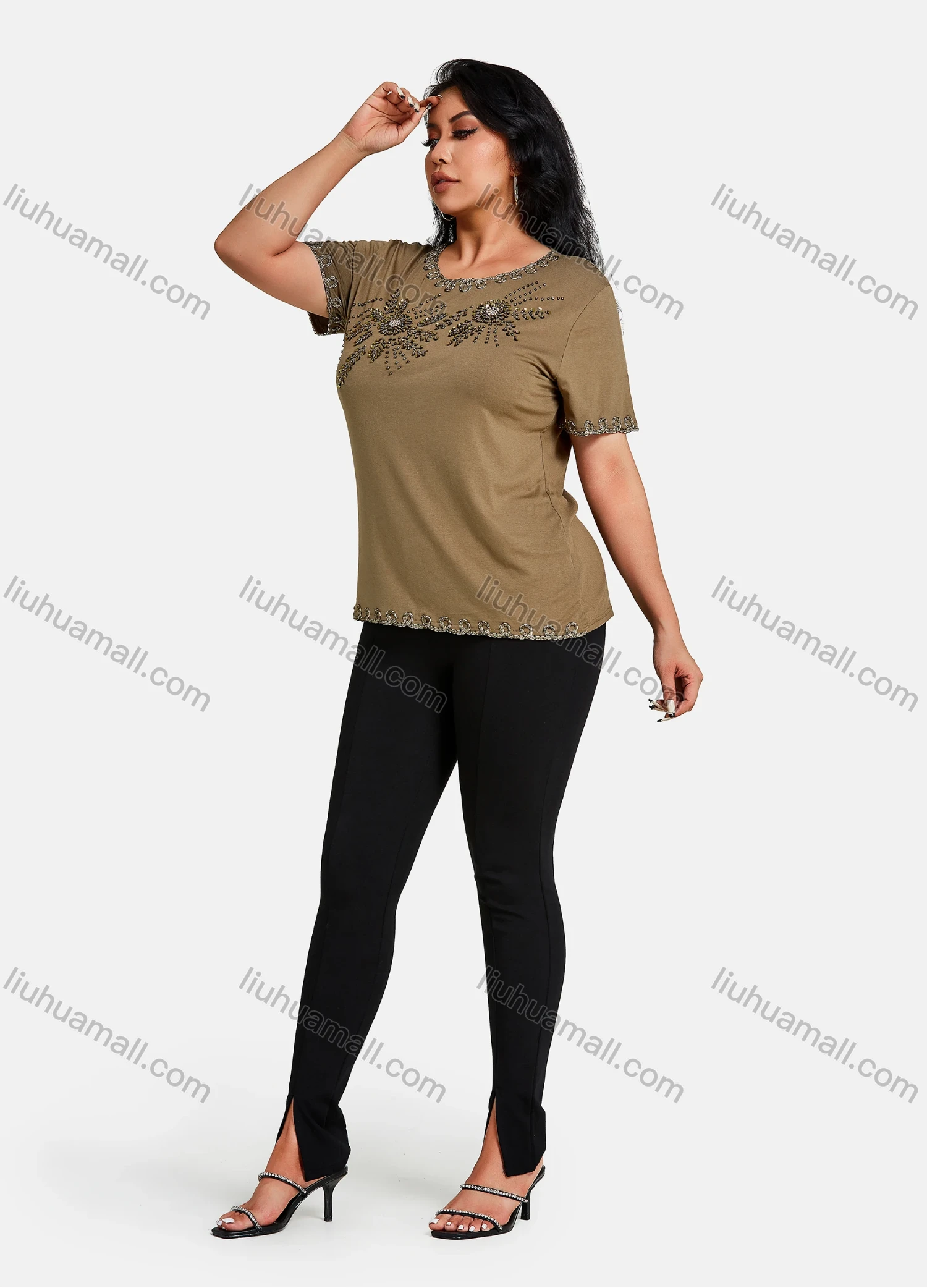 Wholesale Women's Elegant Round Neck Floral Embroidery Short Sleeve T-Shirt - Liuhuamall