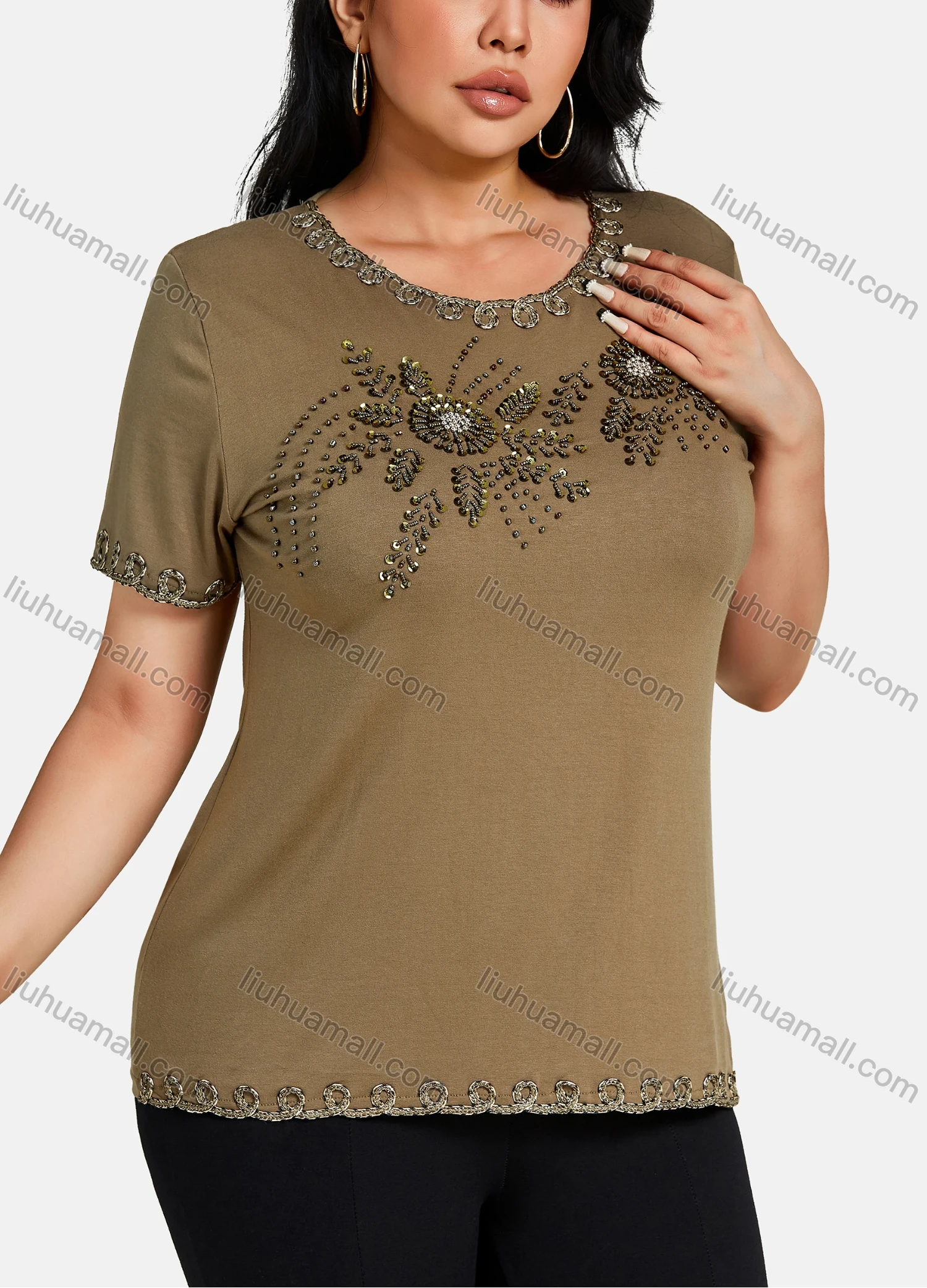 Wholesale Women's Elegant Round Neck Floral Embroidery Short Sleeve T-Shirt - Liuhuamall