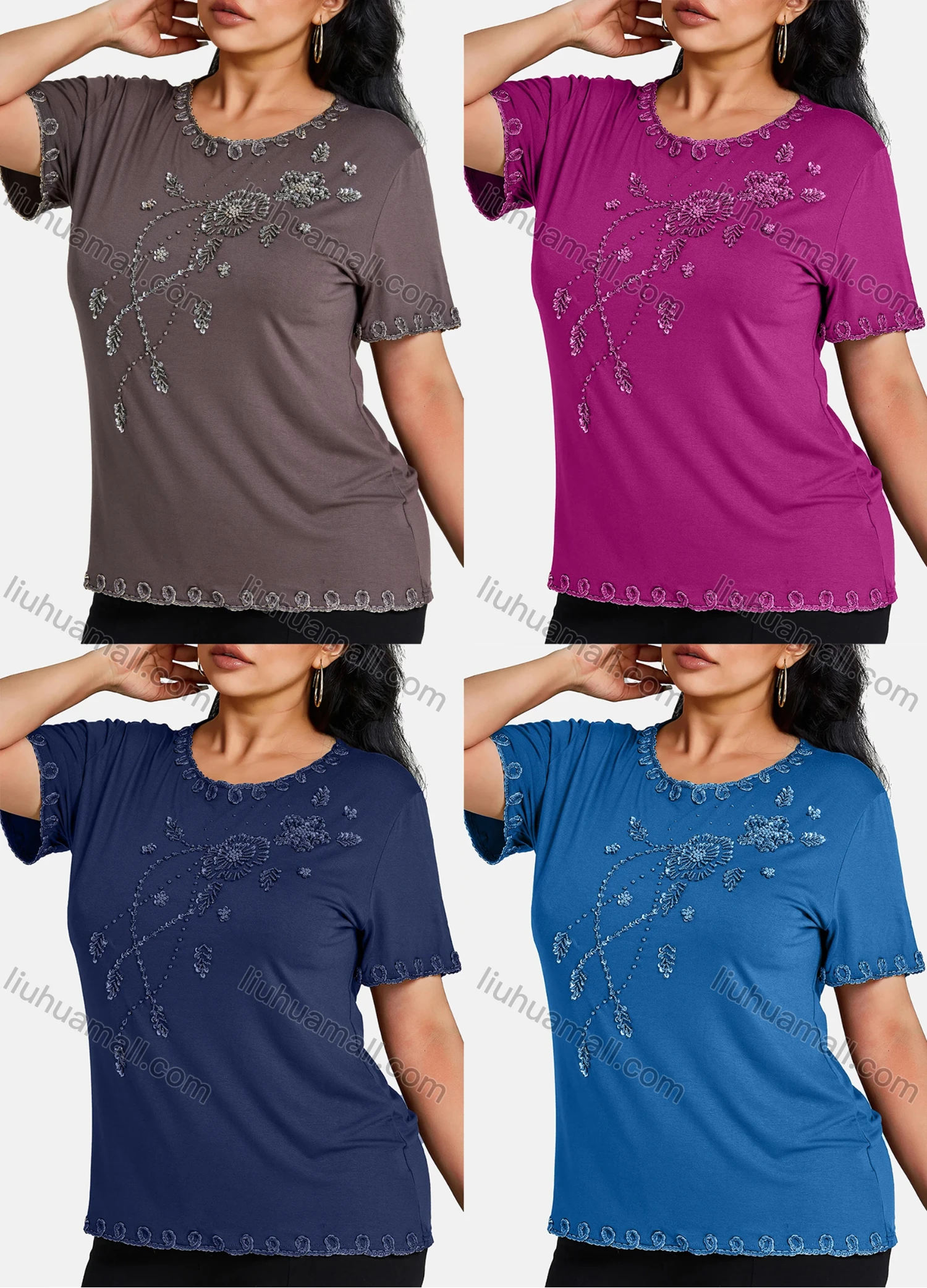 Wholesale Women's Elegant Round Neck Floral Embroidery Short Sleeve T-Shirt - Liuhuamall