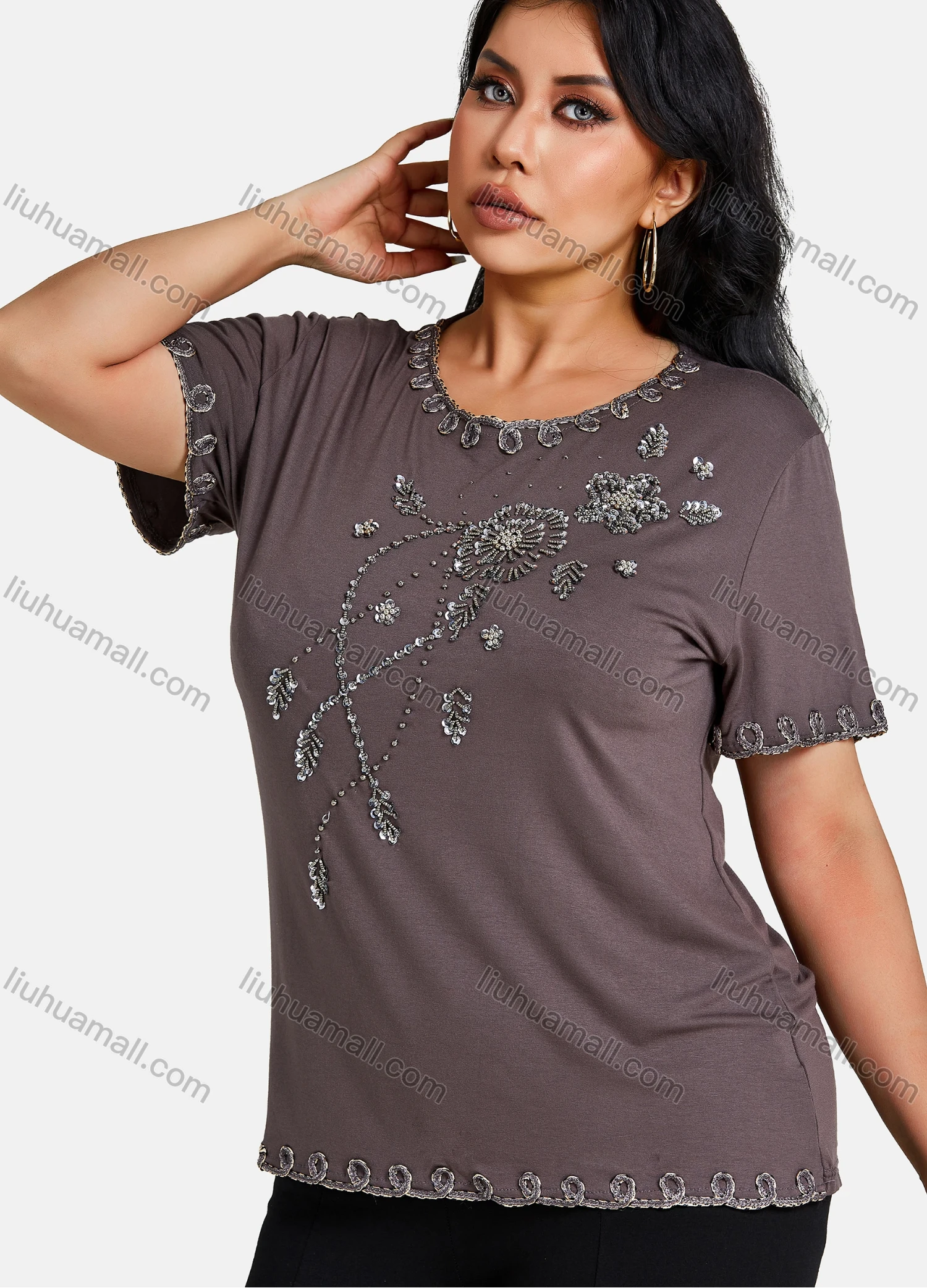 Wholesale Women's Elegant Round Neck Floral Embroidery Short Sleeve T-Shirt - Liuhuamall