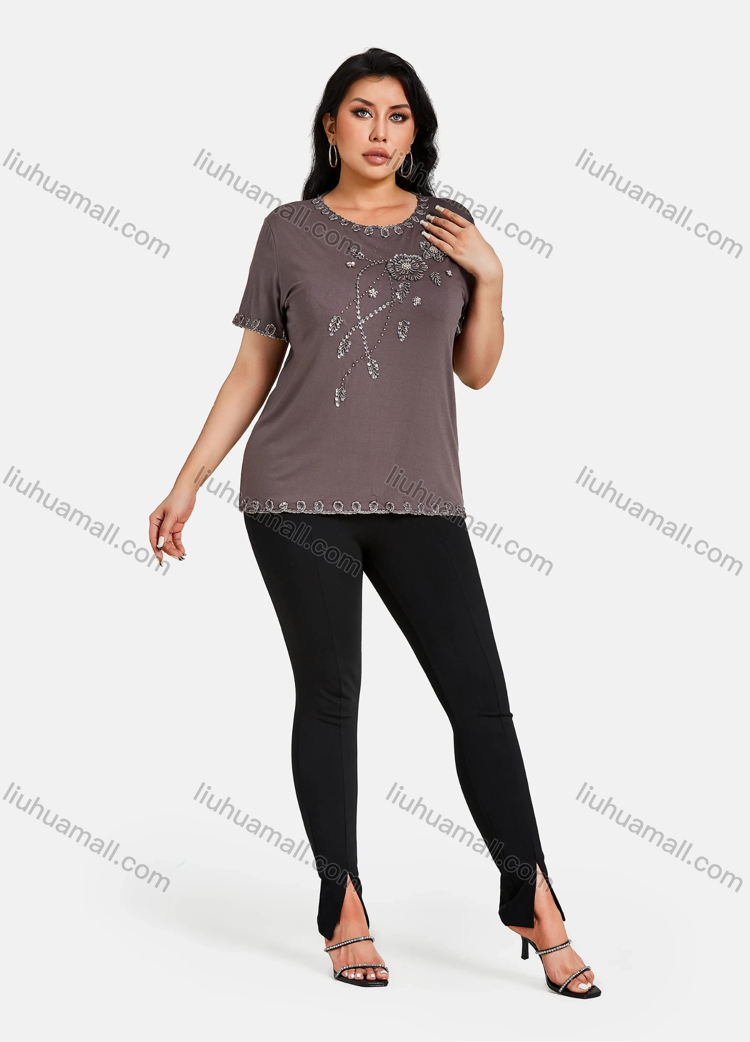 Wholesale Women's Elegant Round Neck Floral Embroidery Short Sleeve T-Shirt - Liuhuamall