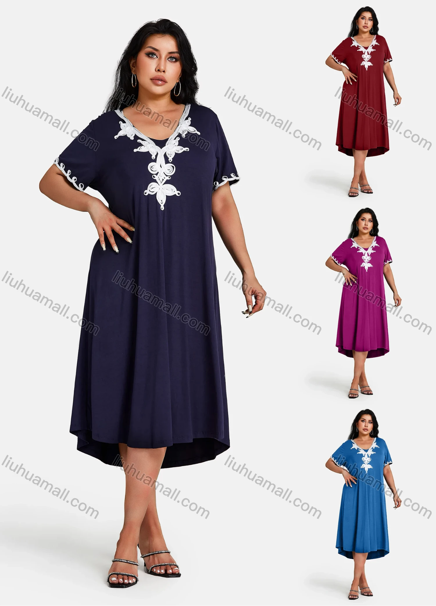 Wholesale Women's Plus Size Elegant V Neck Short Sleeve Embroidery Midi Dress - Liuhuamall