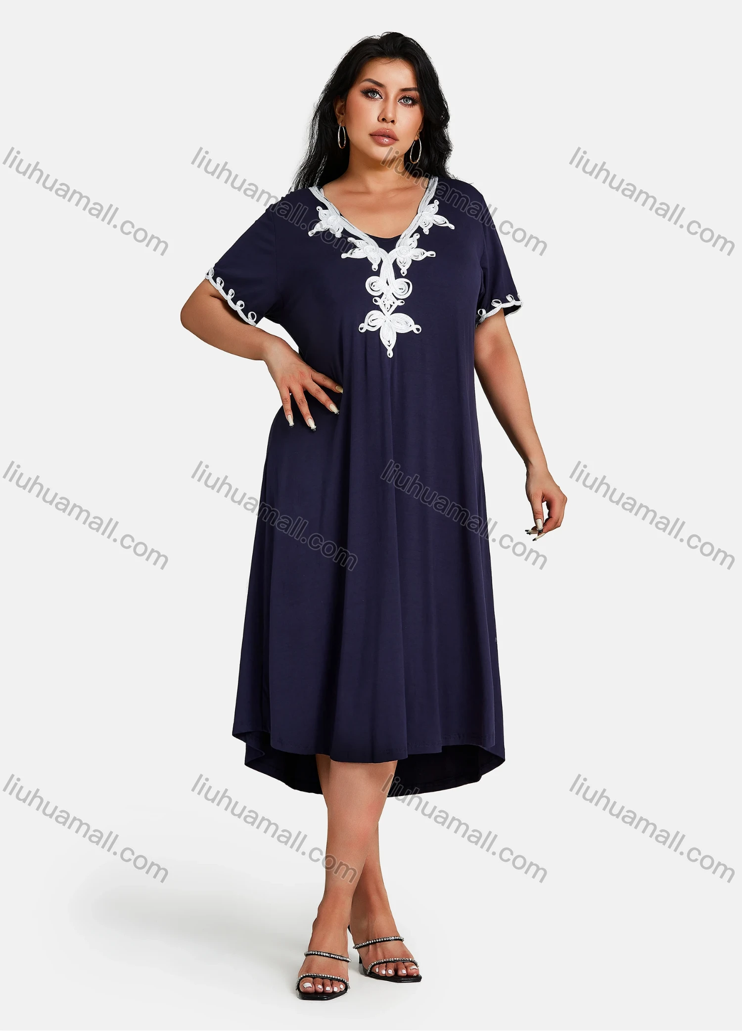 Wholesale Women's Plus Size Elegant V Neck Short Sleeve Embroidery Midi Dress - Liuhuamall
