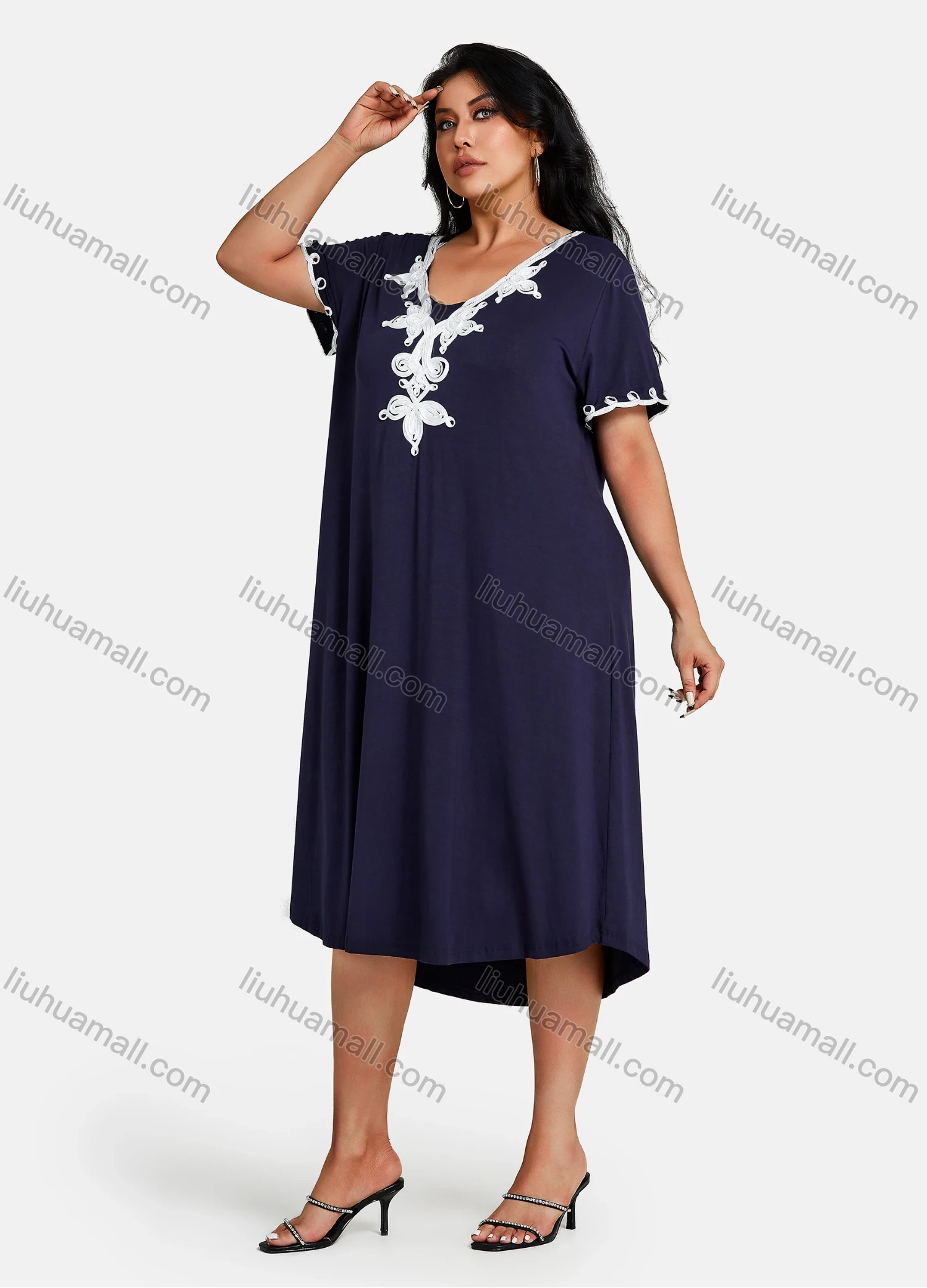 Wholesale Women's Plus Size Elegant V Neck Short Sleeve Embroidery Midi Dress - Liuhuamall