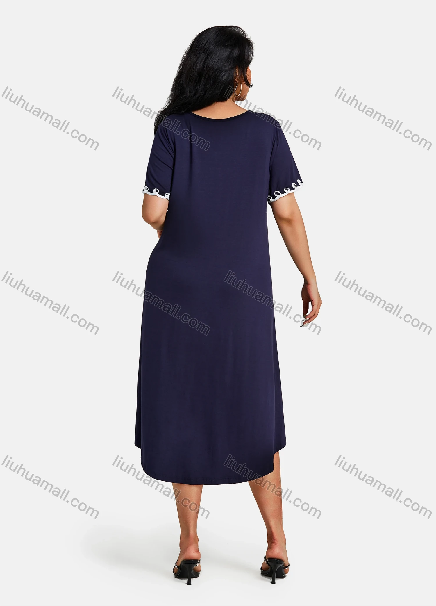 Wholesale Women's Plus Size Elegant V Neck Short Sleeve Embroidery Midi Dress - Liuhuamall