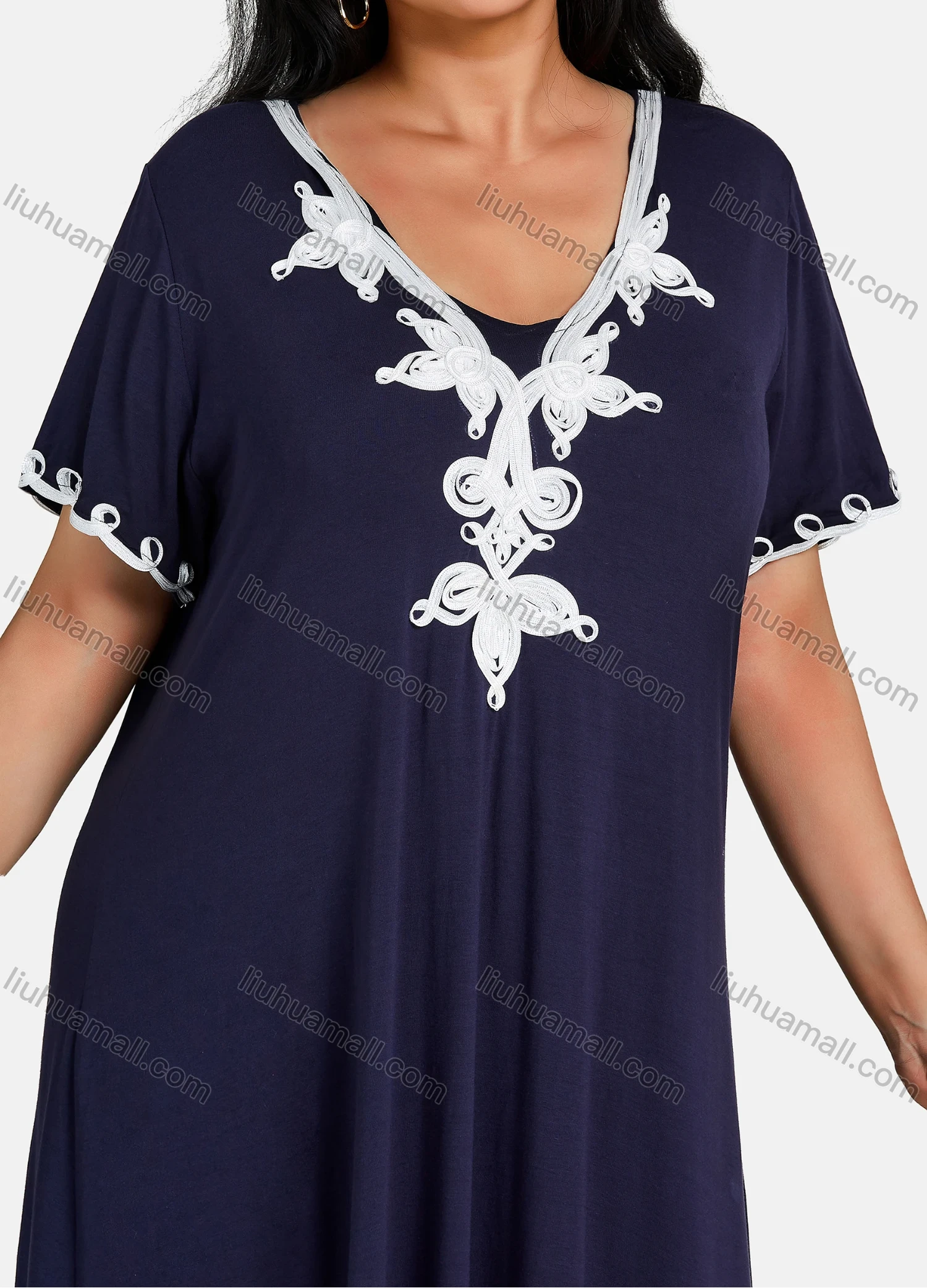 Wholesale Women's Plus Size Elegant V Neck Short Sleeve Embroidery Midi Dress - Liuhuamall