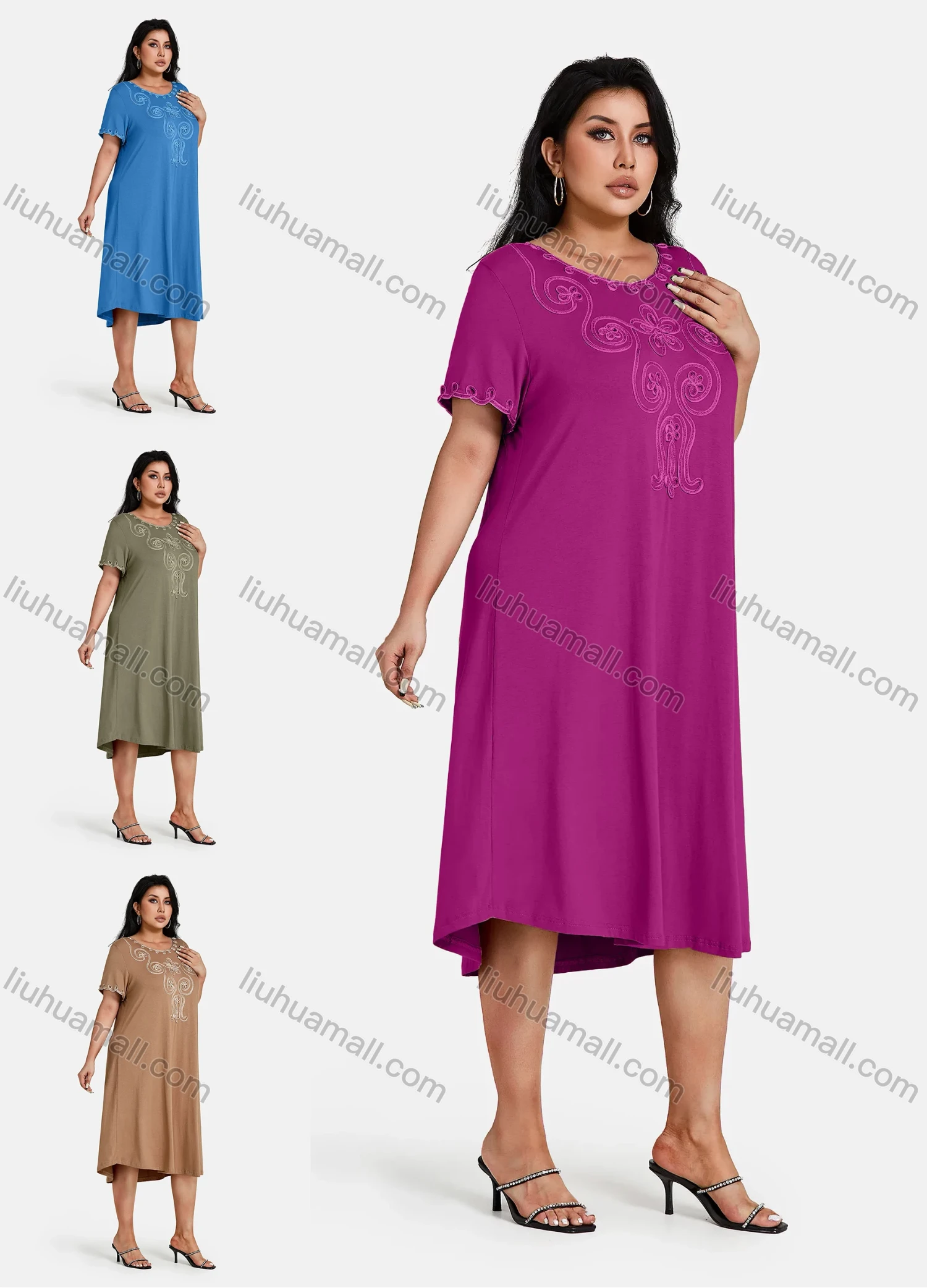 Wholesale Women's Plus Size Elegant Crew Neck Short Sleeve Embroidery Midi Dress - Liuhuamall
