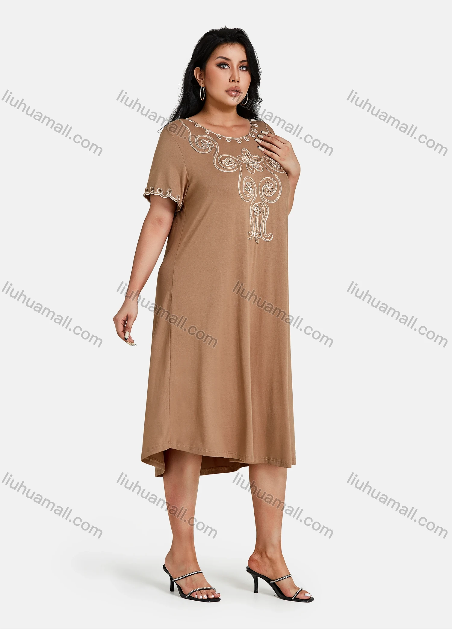 Wholesale Women's Plus Size Elegant Crew Neck Short Sleeve Embroidery Midi Dress - Liuhuamall