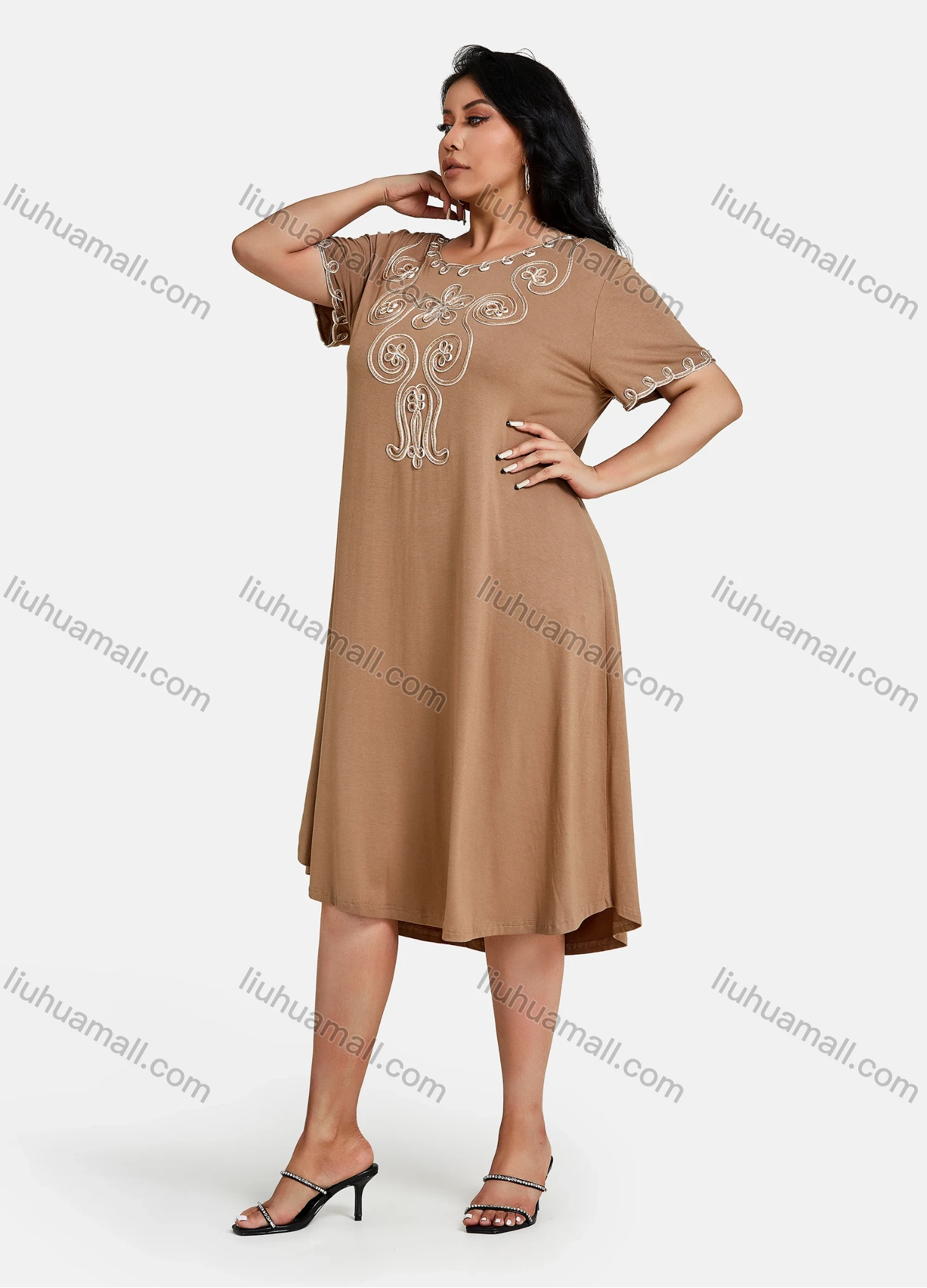 Wholesale Women's Plus Size Elegant Crew Neck Short Sleeve Embroidery Midi Dress - Liuhuamall