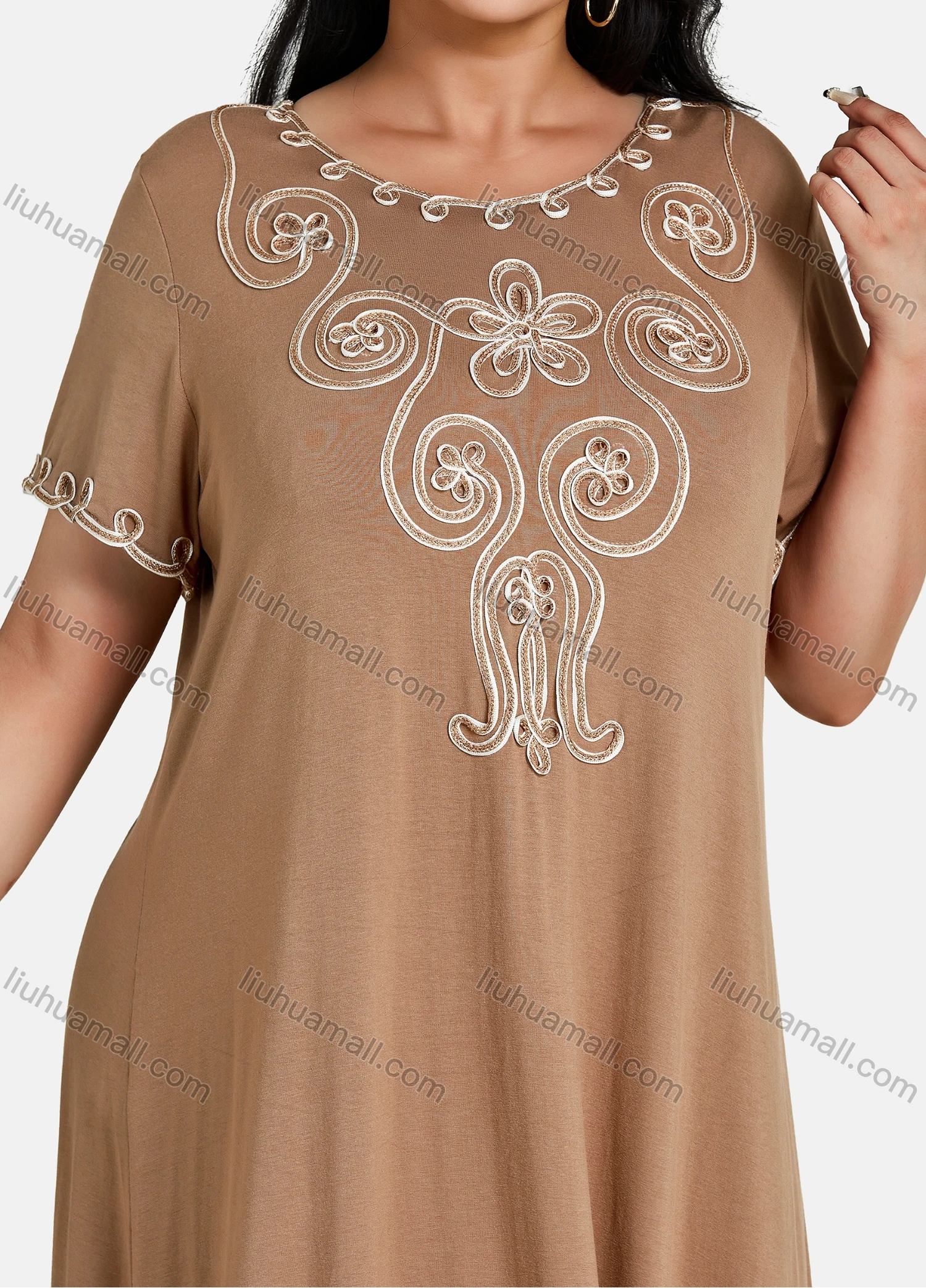 Wholesale Women's Plus Size Elegant Crew Neck Short Sleeve Embroidery Midi Dress - Liuhuamall