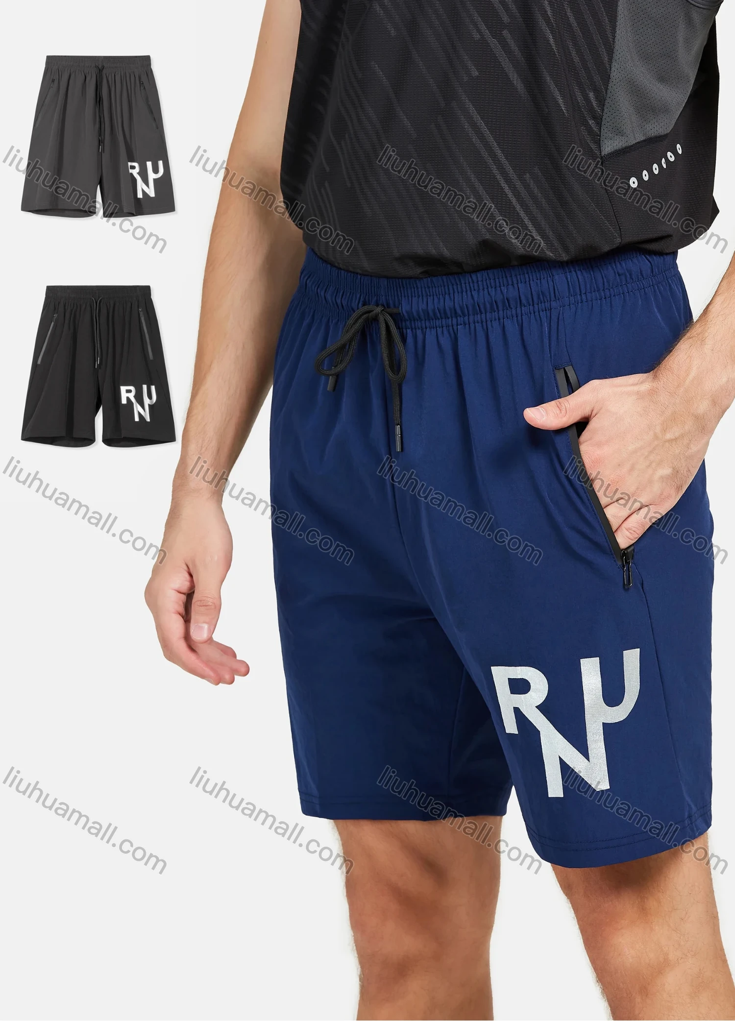 Wholesale Men's Athletic Drawstring Letter Print Zipper Pockets Running Shorts - Liuhuamall