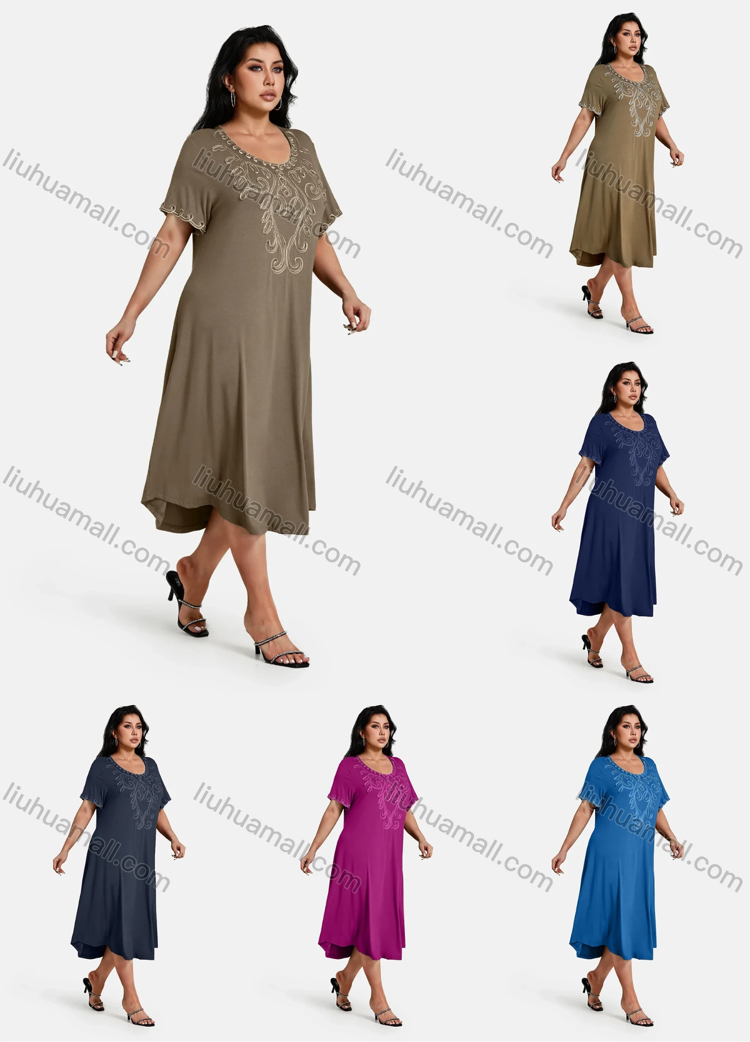 Wholesale Women's Plus Size Elegant Crew Neck Short Sleeve Embroidery Midi Dress - Liuhuamall