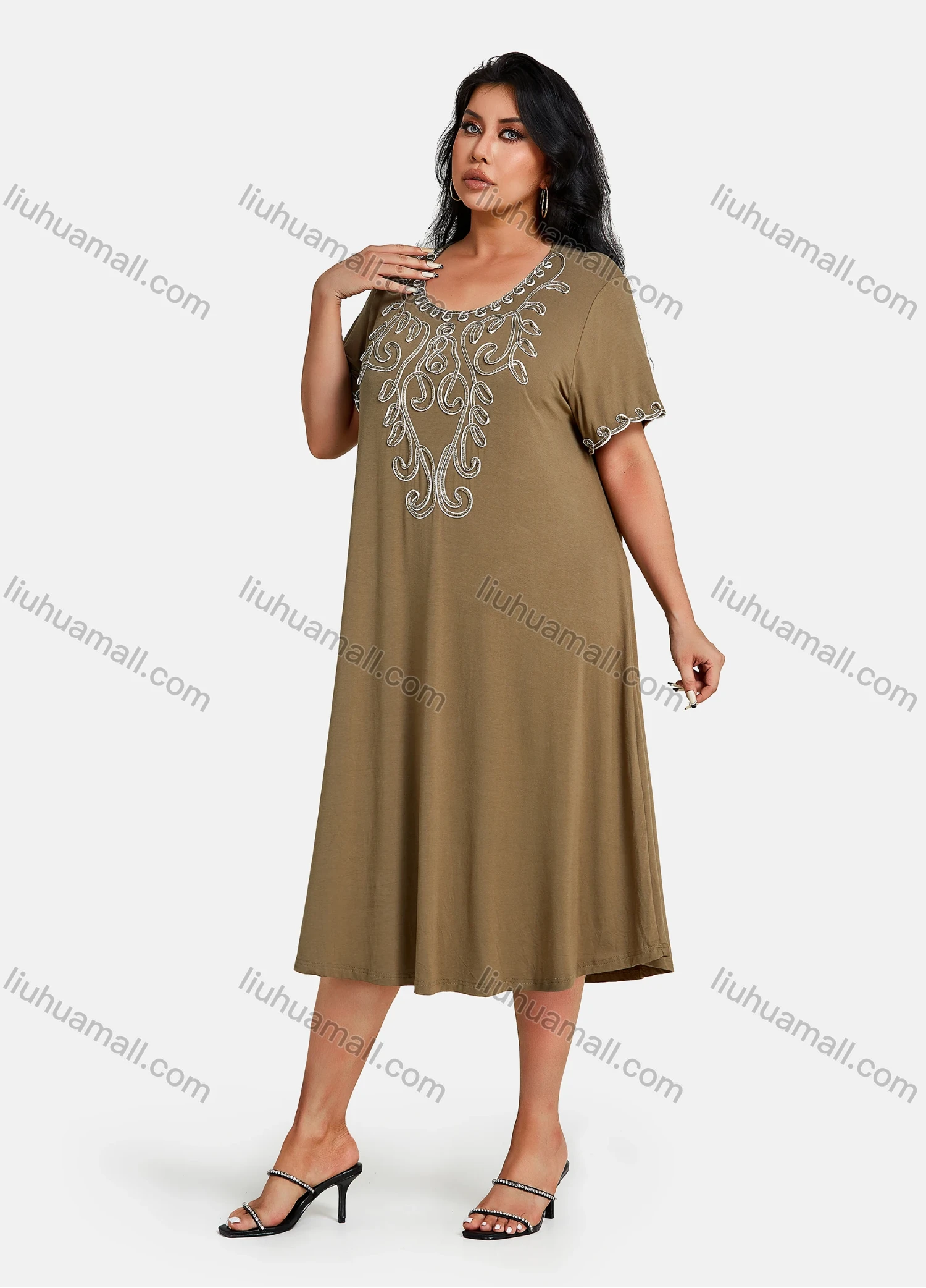 Wholesale Women's Plus Size Elegant Crew Neck Short Sleeve Embroidery Midi Dress - Liuhuamall
