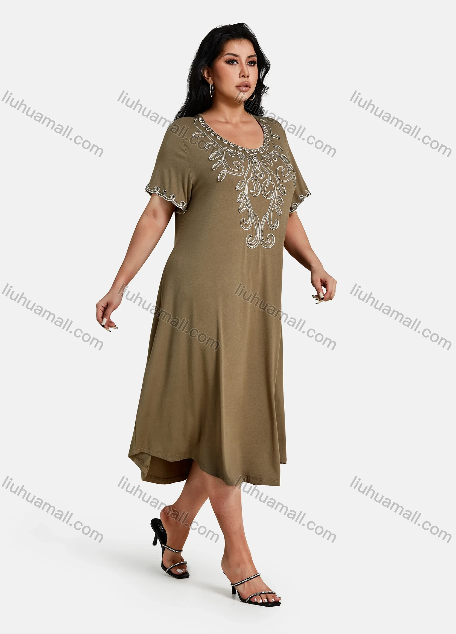 Wholesale Women's Plus Size Elegant Crew Neck Short Sleeve Embroidery Midi Dress - Liuhuamall