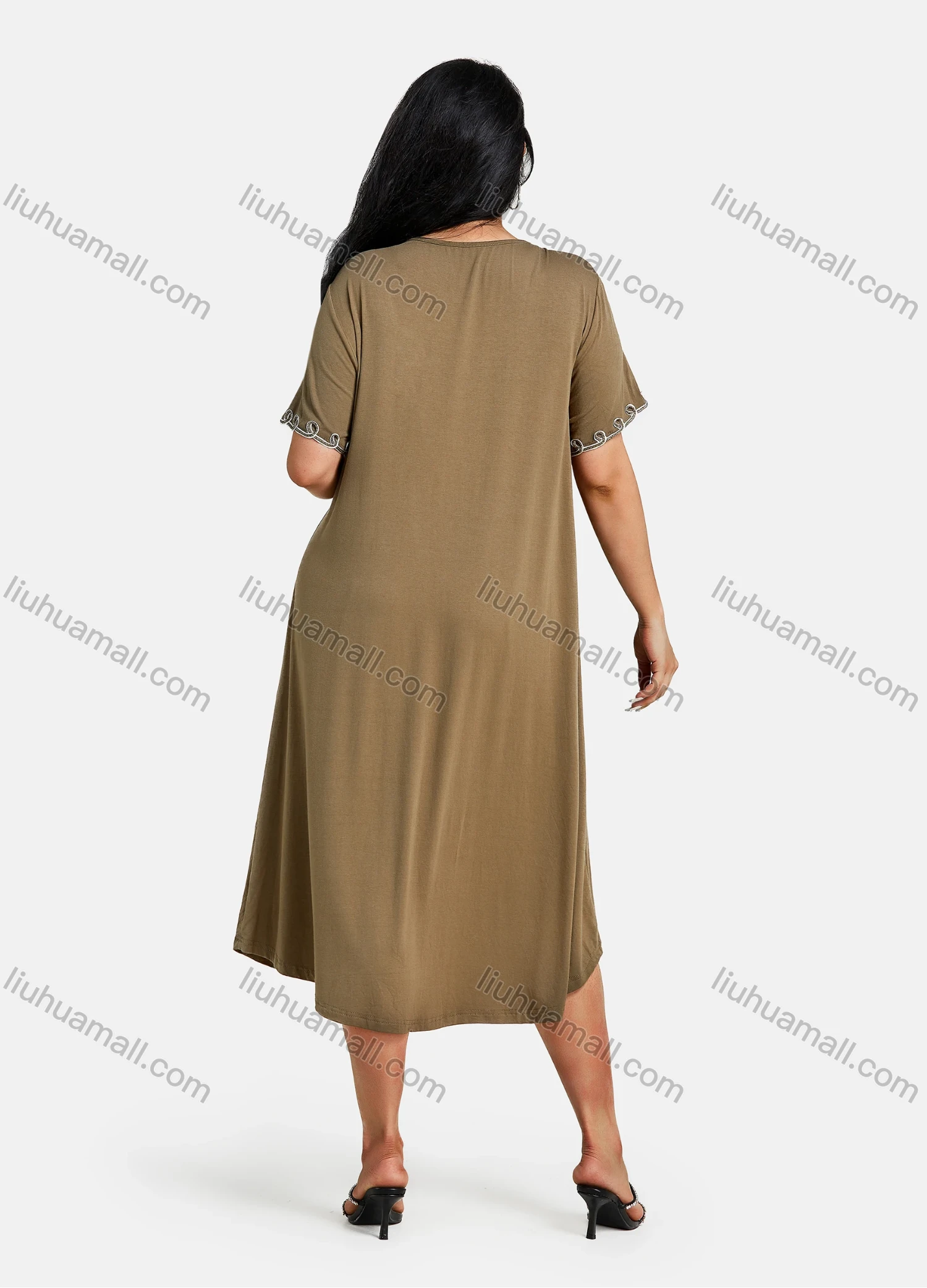 Wholesale Women's Plus Size Elegant Crew Neck Short Sleeve Embroidery Midi Dress - Liuhuamall