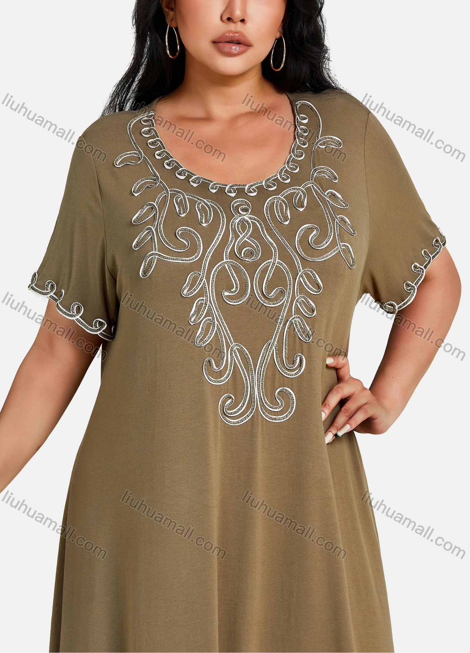 Wholesale Women's Plus Size Elegant Crew Neck Short Sleeve Embroidery Midi Dress - Liuhuamall