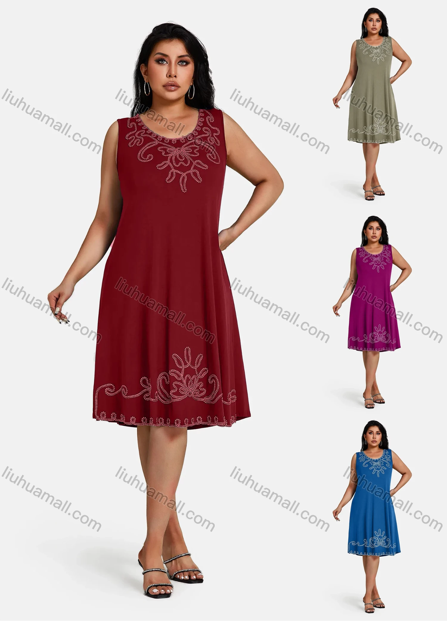 Wholesale Women's Plus Size Elegant Crew Neck Sleeveless Embroidery Knee Length Tank Dress - Liuhuamall