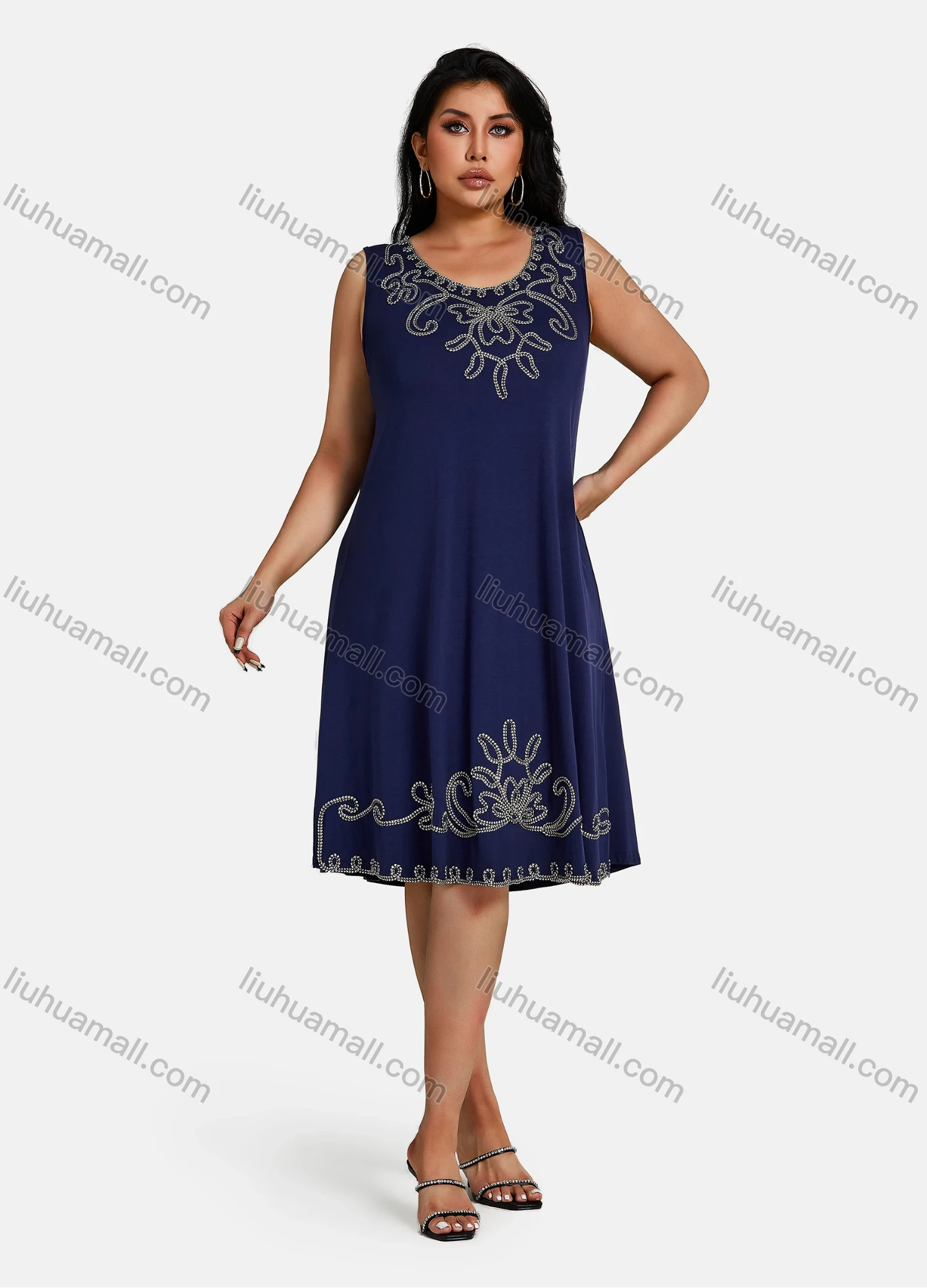Wholesale Women's Plus Size Elegant Crew Neck Sleeveless Embroidery Knee Length Tank Dress - Liuhuamall