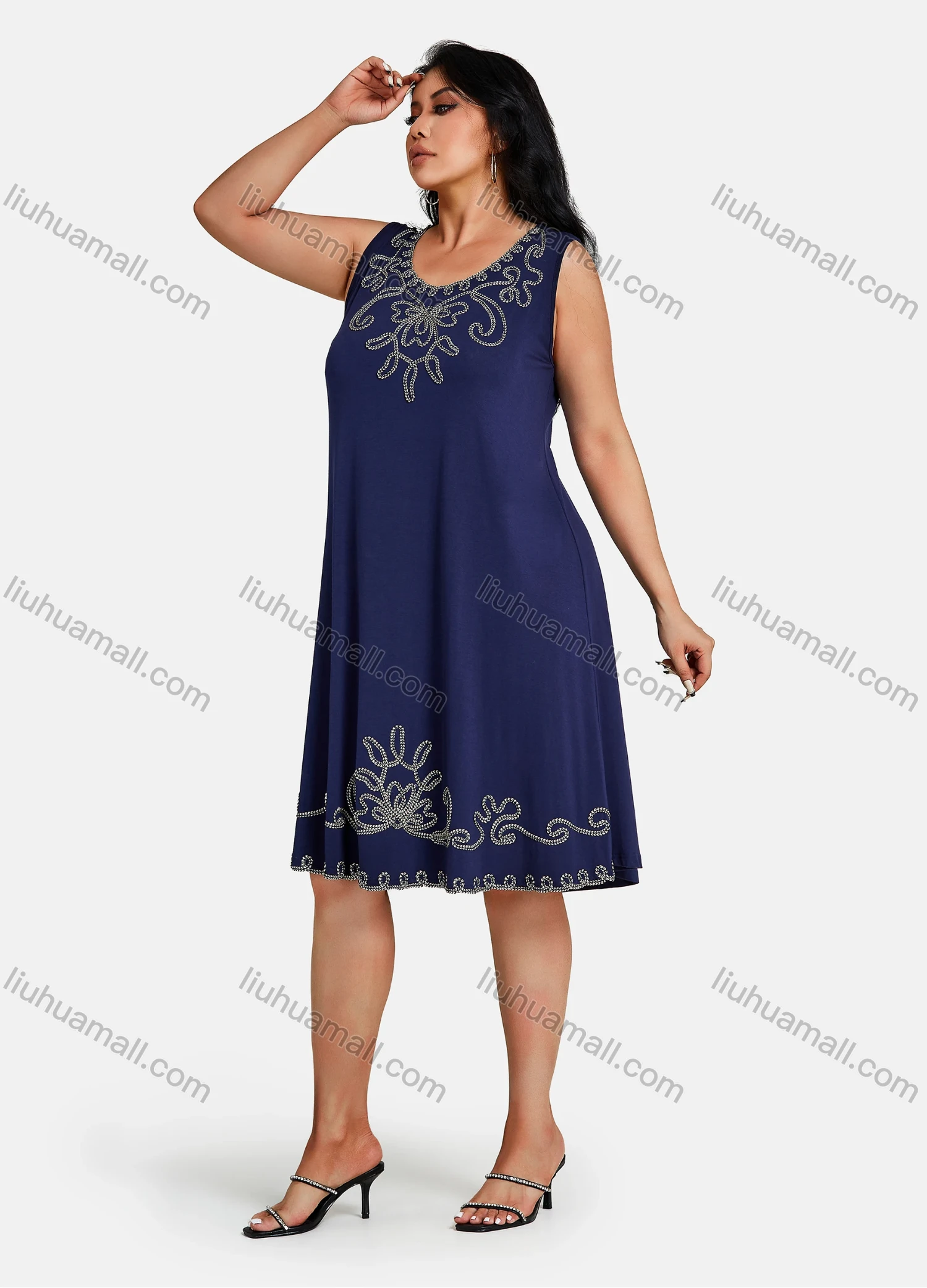 Wholesale Women's Plus Size Elegant Crew Neck Sleeveless Embroidery Knee Length Tank Dress - Liuhuamall