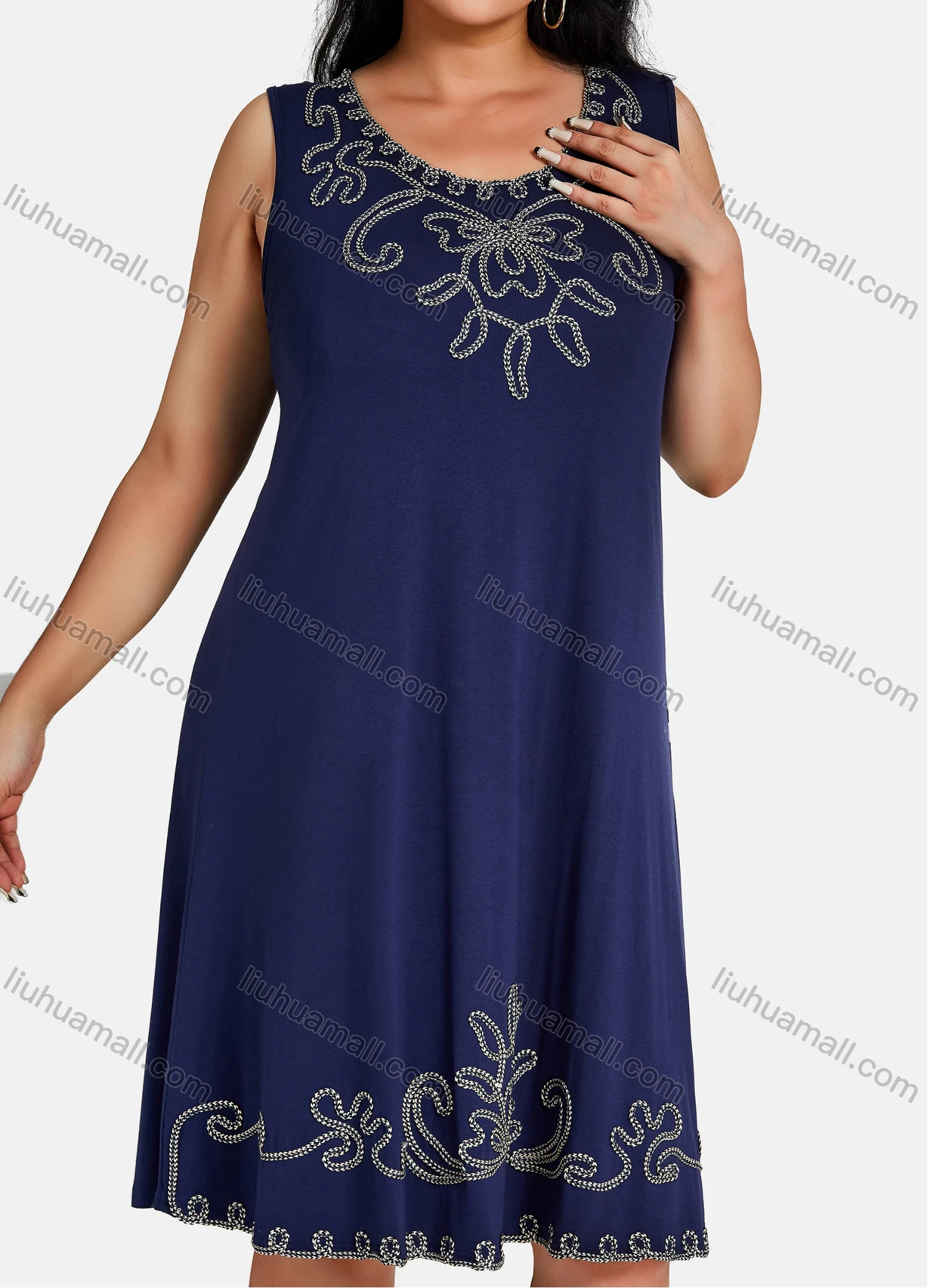 Wholesale Women's Plus Size Elegant Crew Neck Sleeveless Embroidery Knee Length Tank Dress - Liuhuamall