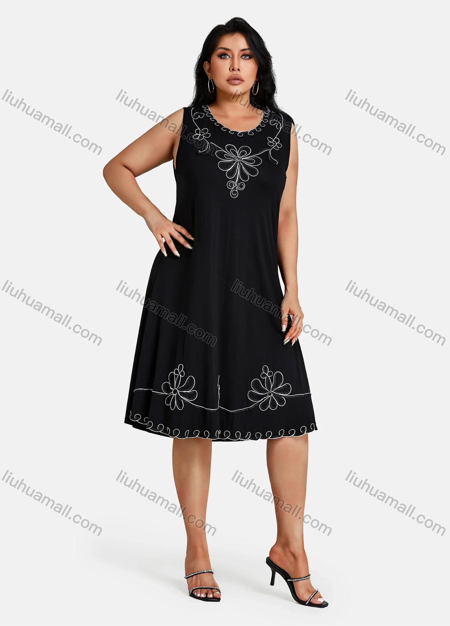 Wholesale Women's Plus Size Elegant Crew Neck Sleeveless Embroidery Knee Length Tank Dress - Liuhuamall