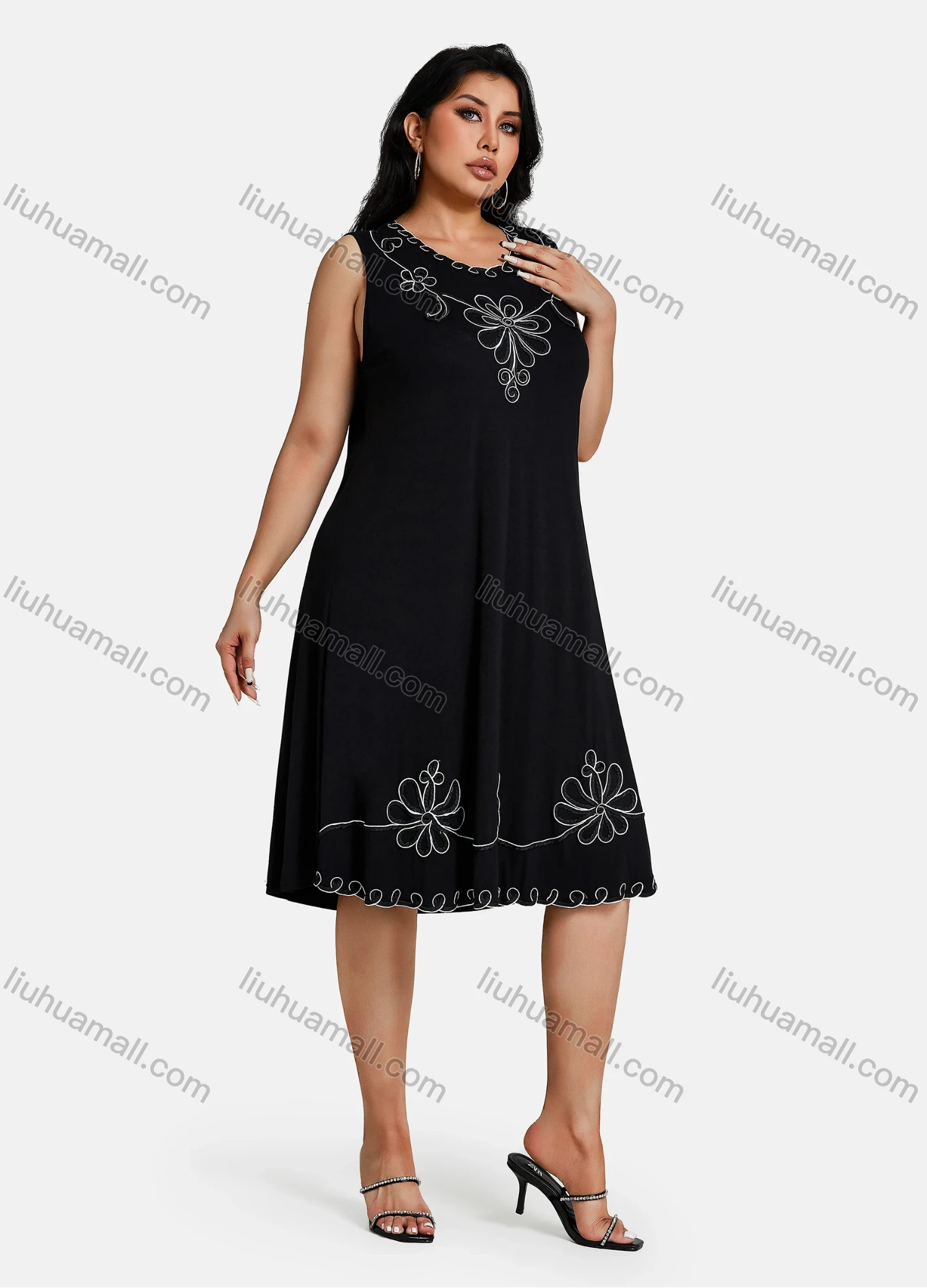 Wholesale Women's Plus Size Elegant Crew Neck Sleeveless Embroidery Knee Length Tank Dress - Liuhuamall