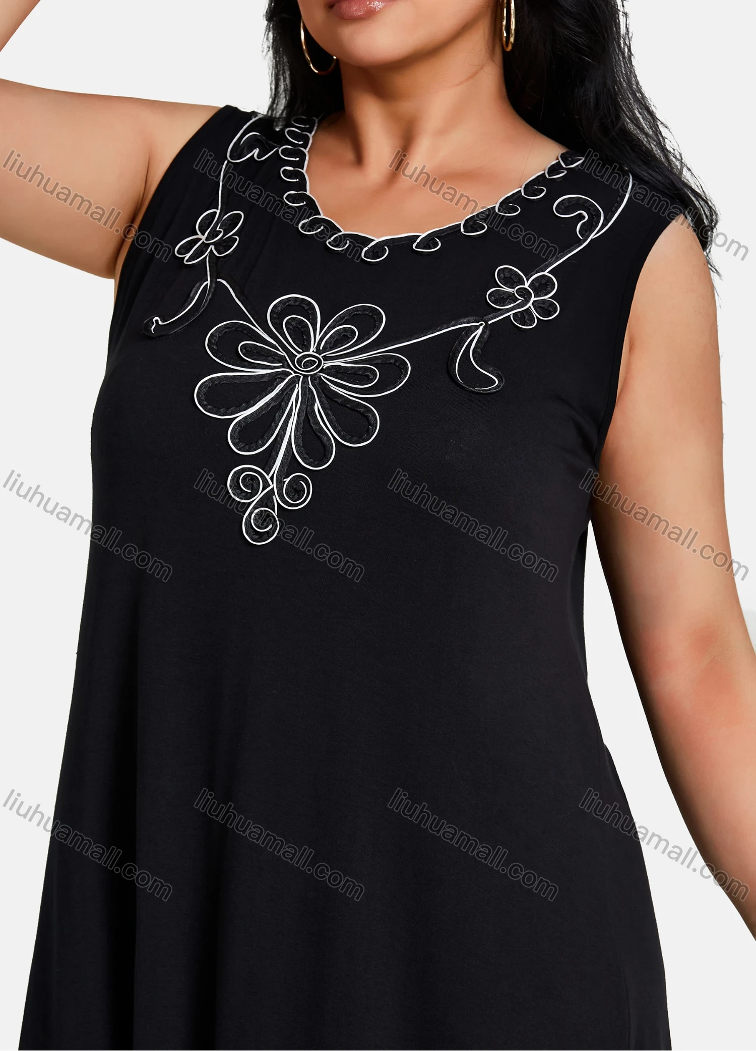 Wholesale Women's Plus Size Elegant Crew Neck Sleeveless Embroidery Knee Length Tank Dress - Liuhuamall