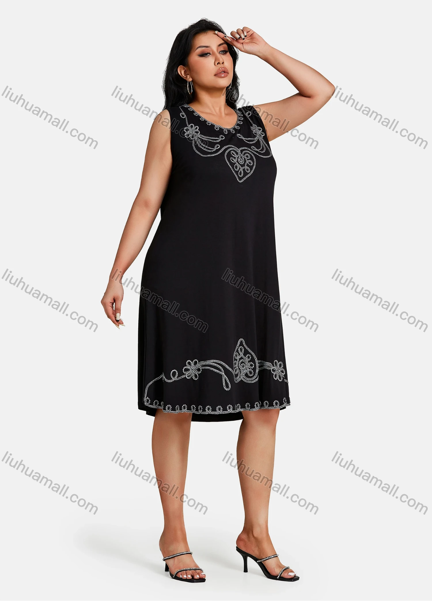 Wholesale Women's Plus Size Elegant Crew Neck Sleeveless Embroidery Knee Length Tank Dress - Liuhuamall