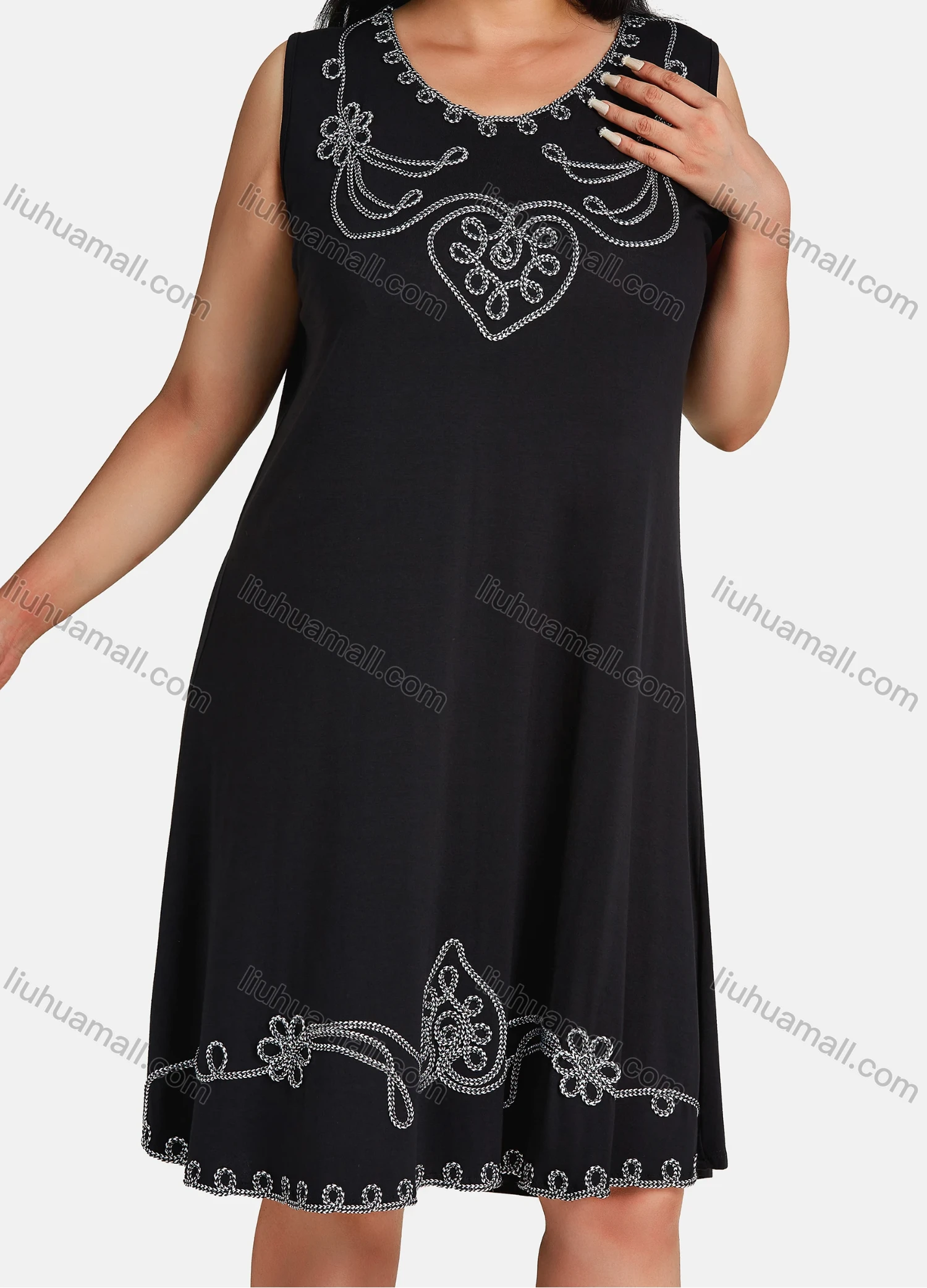 Wholesale Women's Plus Size Elegant Crew Neck Sleeveless Embroidery Knee Length Tank Dress - Liuhuamall