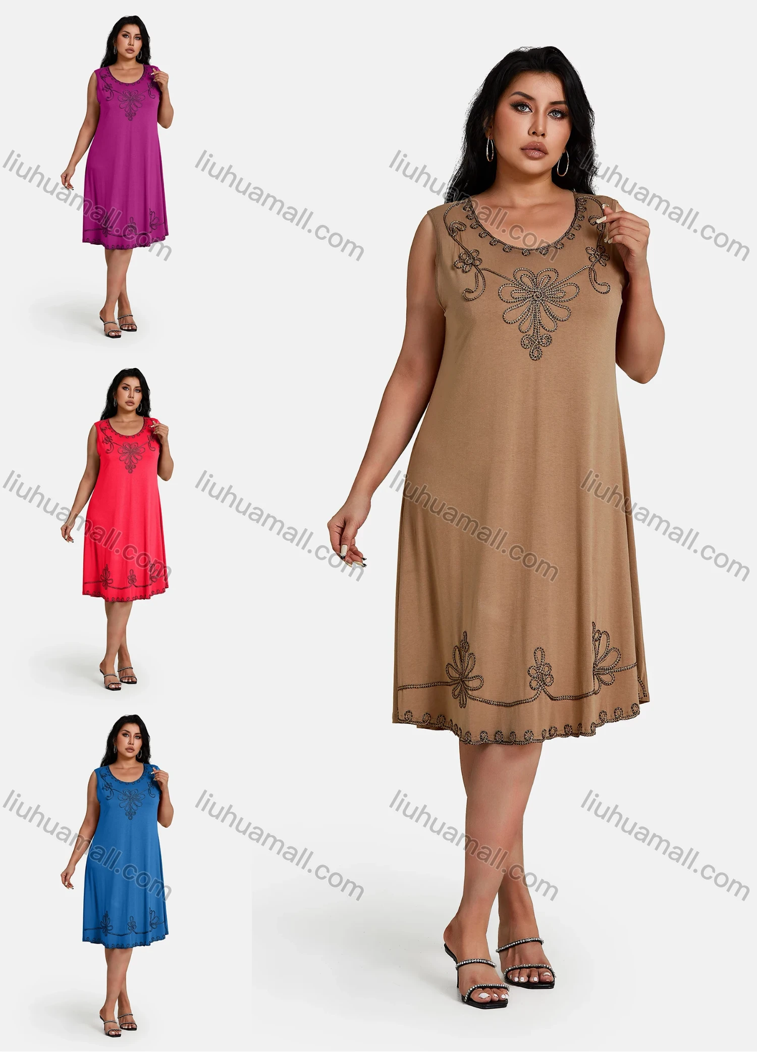 Wholesale Women's Plus Size Elegant Scoop Neck Sleeveless Embroidery Knee Length Tank Dress - Liuhuamall