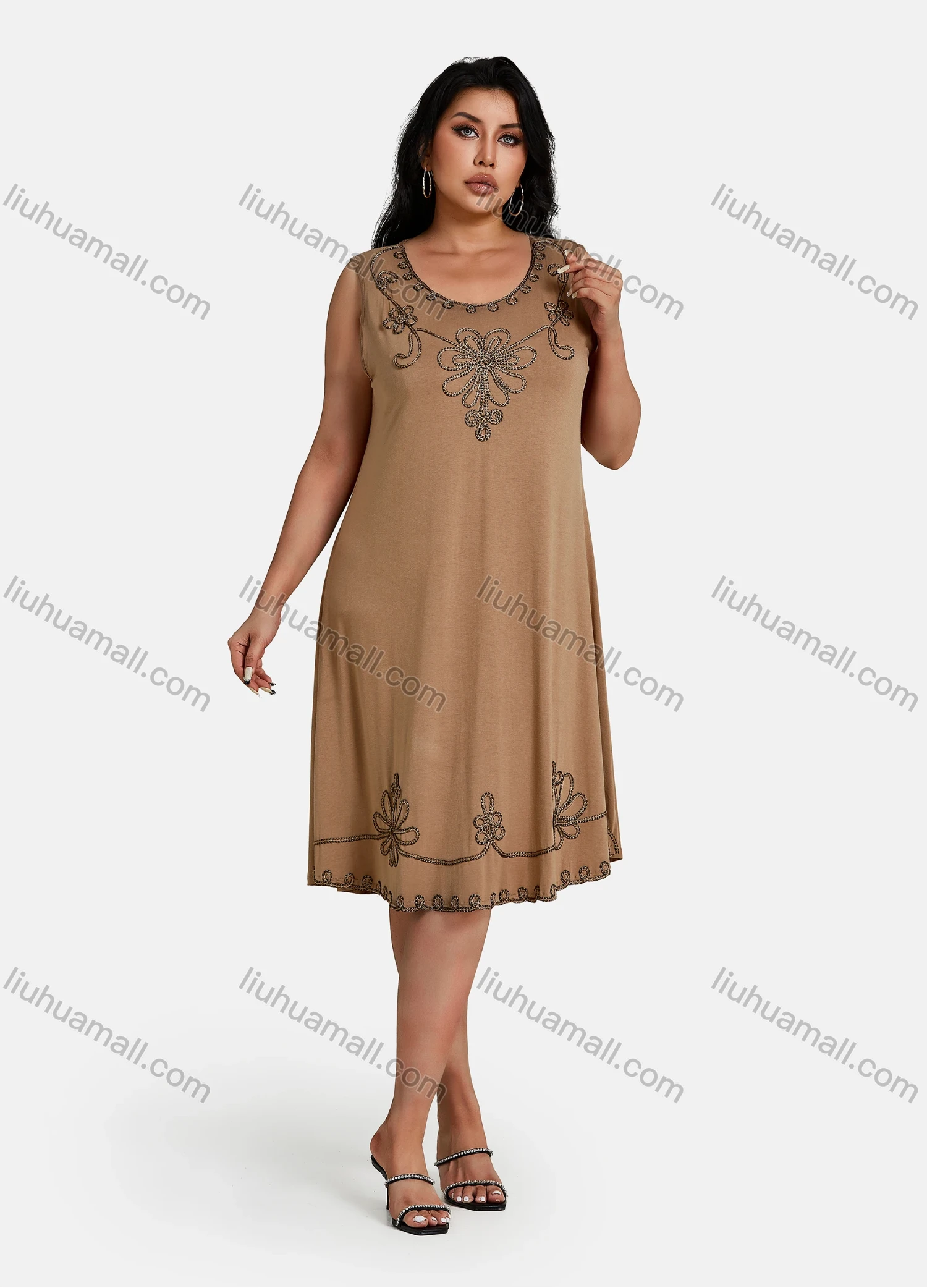 Wholesale Women's Plus Size Elegant Scoop Neck Sleeveless Embroidery Knee Length Tank Dress - Liuhuamall