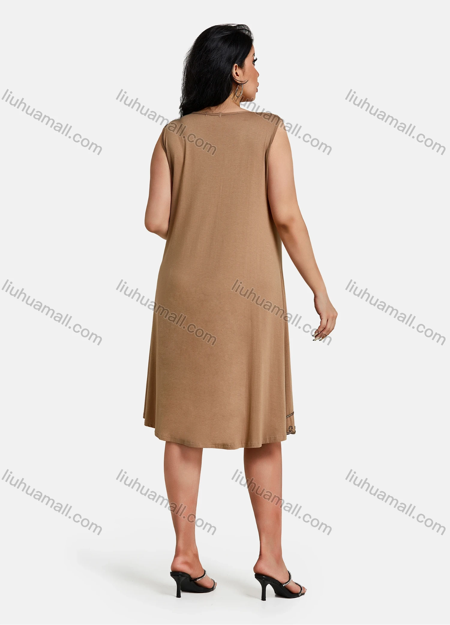 Wholesale Women's Plus Size Elegant Scoop Neck Sleeveless Embroidery Knee Length Tank Dress - Liuhuamall