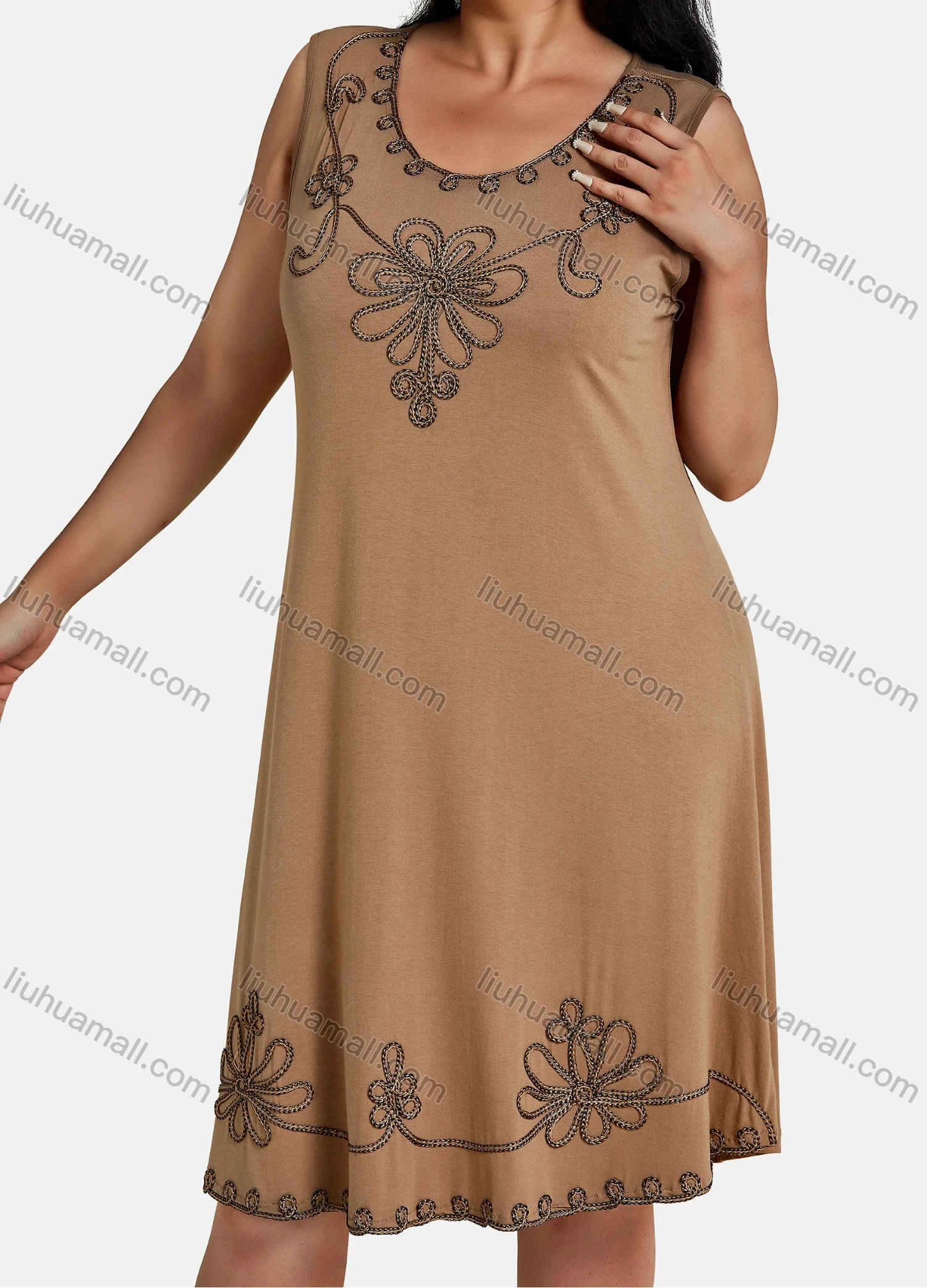 Wholesale Women's Plus Size Elegant Scoop Neck Sleeveless Embroidery Knee Length Tank Dress - Liuhuamall