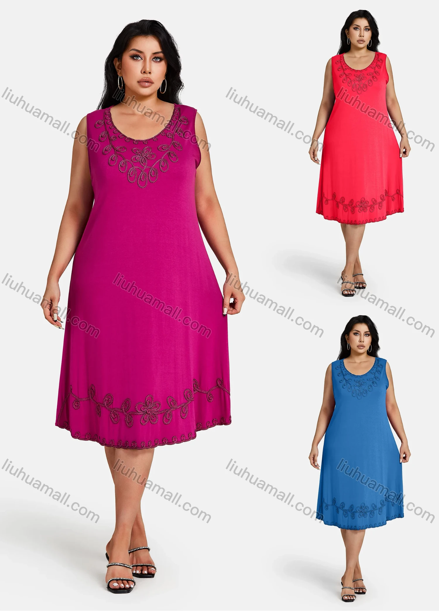 Wholesale Women's Plus Size Elegant Crew Neck Sleeveless Embroidery Knee Length Tank Dress - Liuhuamall