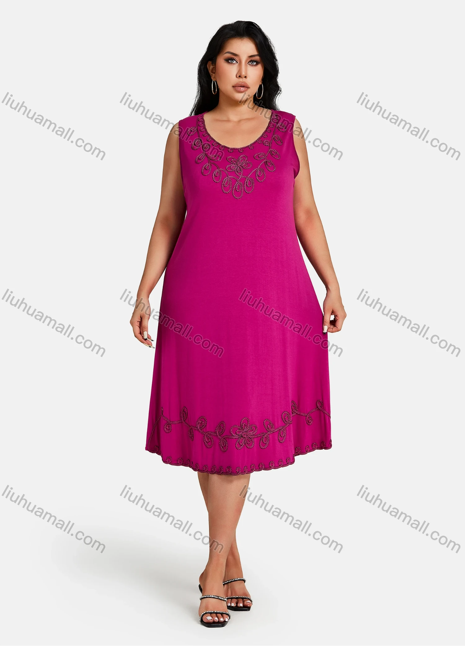 Wholesale Women's Plus Size Elegant Crew Neck Sleeveless Embroidery Knee Length Tank Dress - Liuhuamall