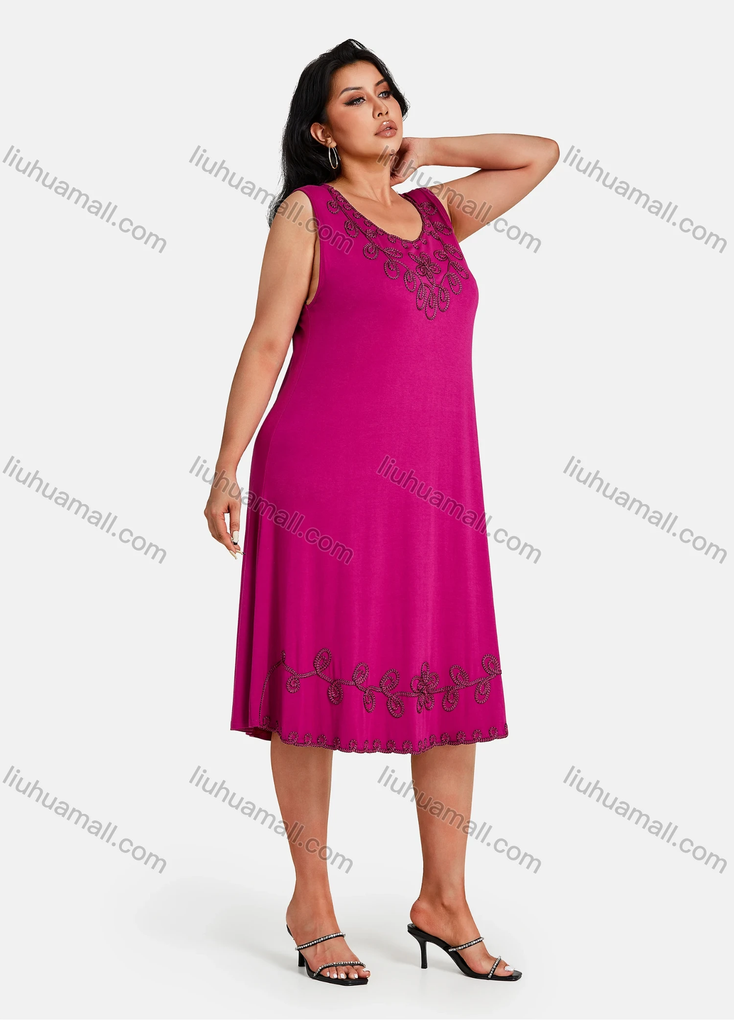 Wholesale Women's Plus Size Elegant Crew Neck Sleeveless Embroidery Knee Length Tank Dress - Liuhuamall