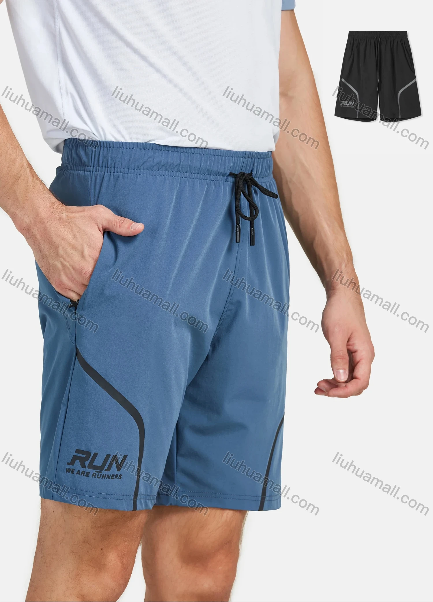Wholesale Men's Athletic Letter Print Patch Pocket Drawstring Running Shorts - Liuhuamall