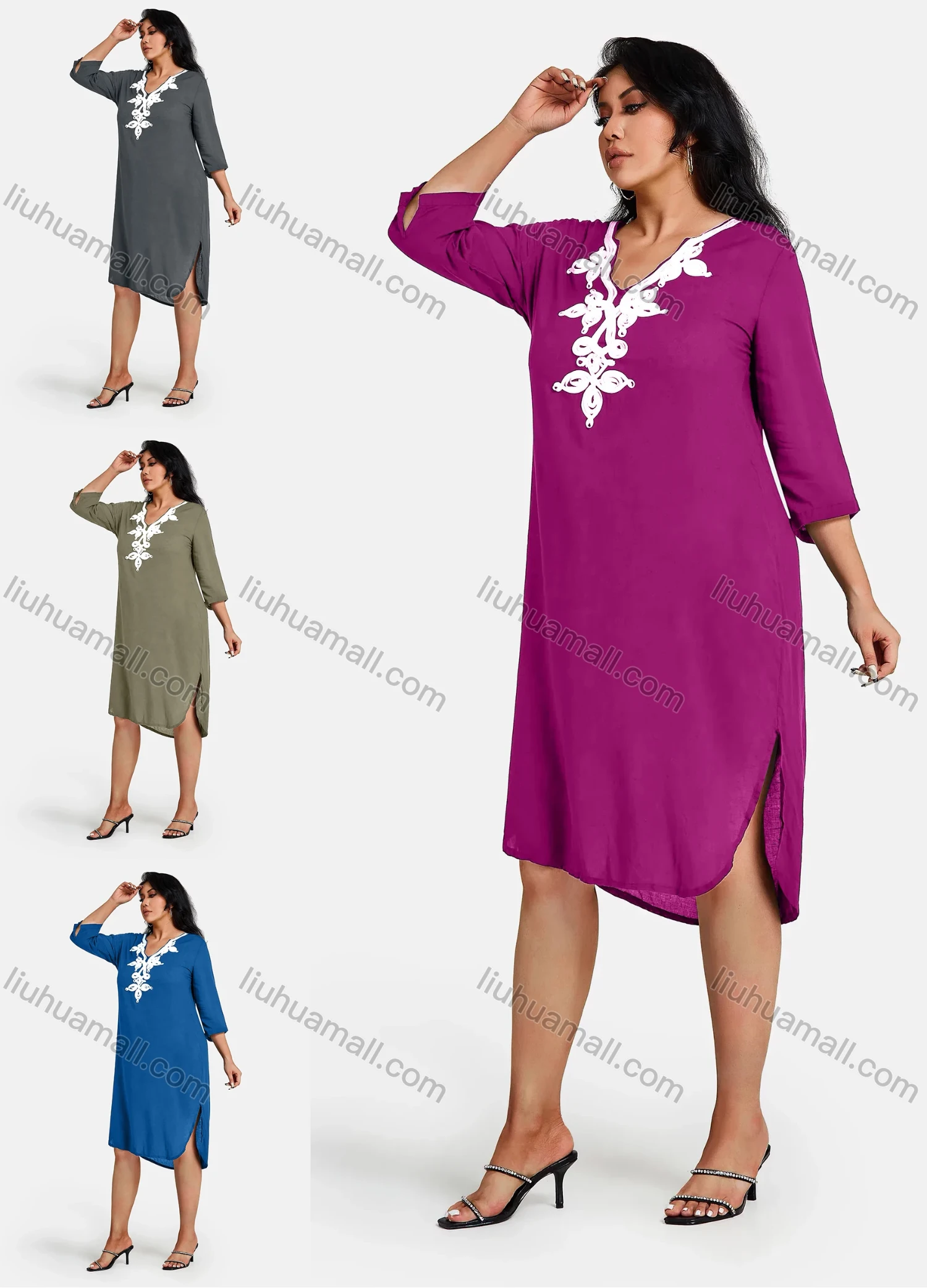 Wholesale Women's Plus Size Elegant V Neck 3/4 Sleeve Embroidery Knee Length Dress - Liuhuamall
