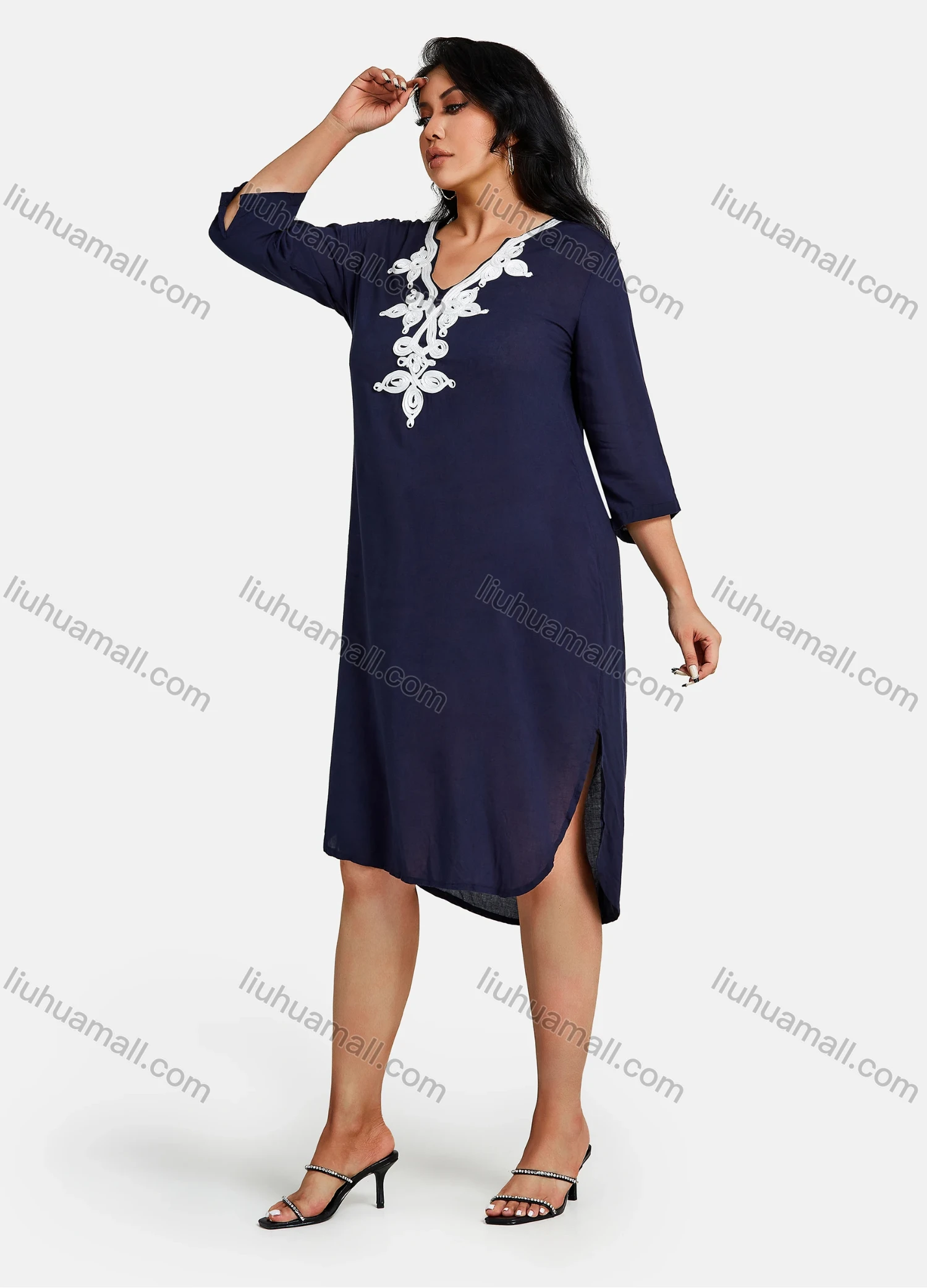 Wholesale Women's Plus Size Elegant V Neck 3/4 Sleeve Embroidery Knee Length Dress - Liuhuamall