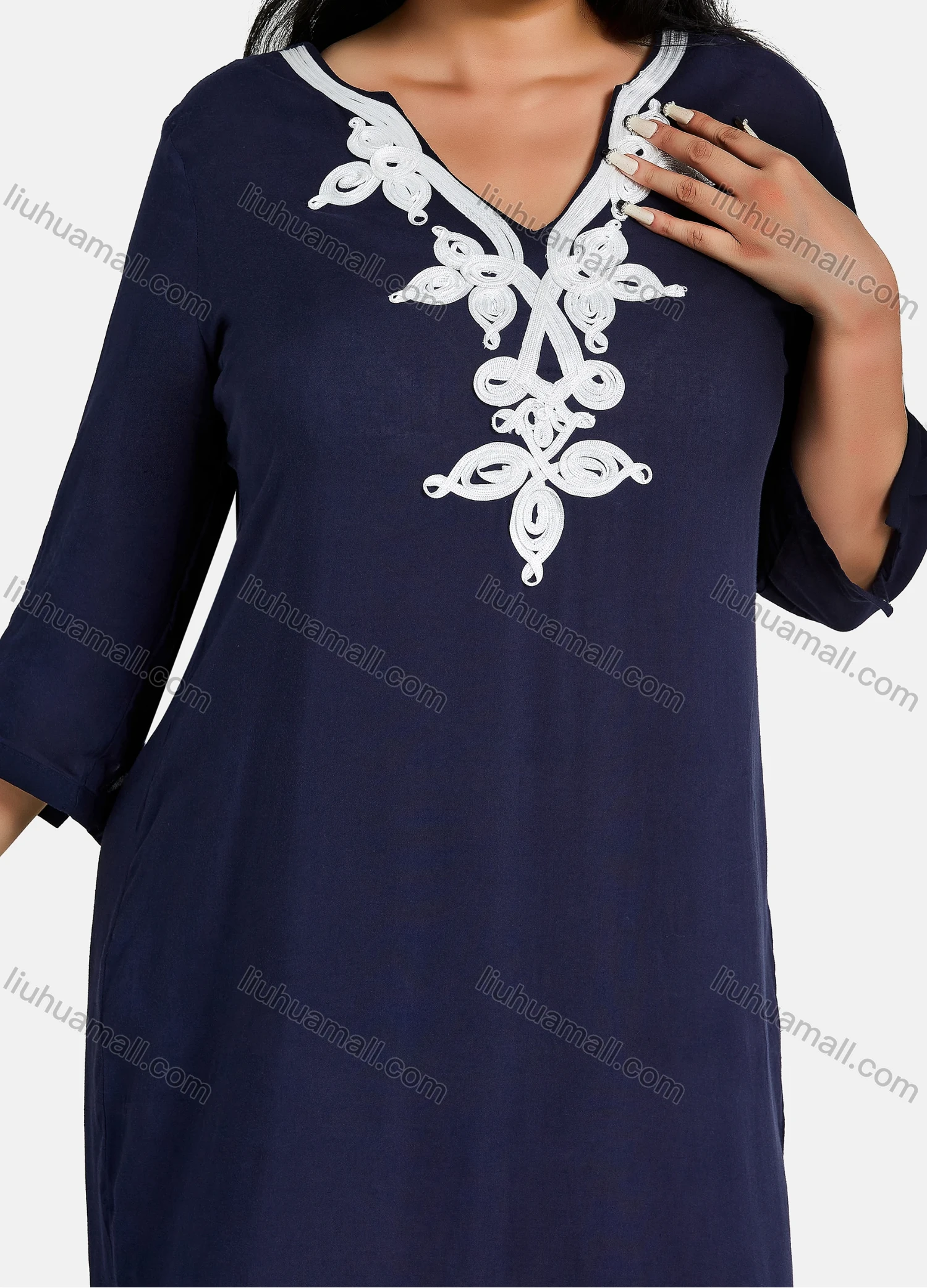 Wholesale Women's Plus Size Elegant V Neck 3/4 Sleeve Embroidery Knee Length Dress - Liuhuamall