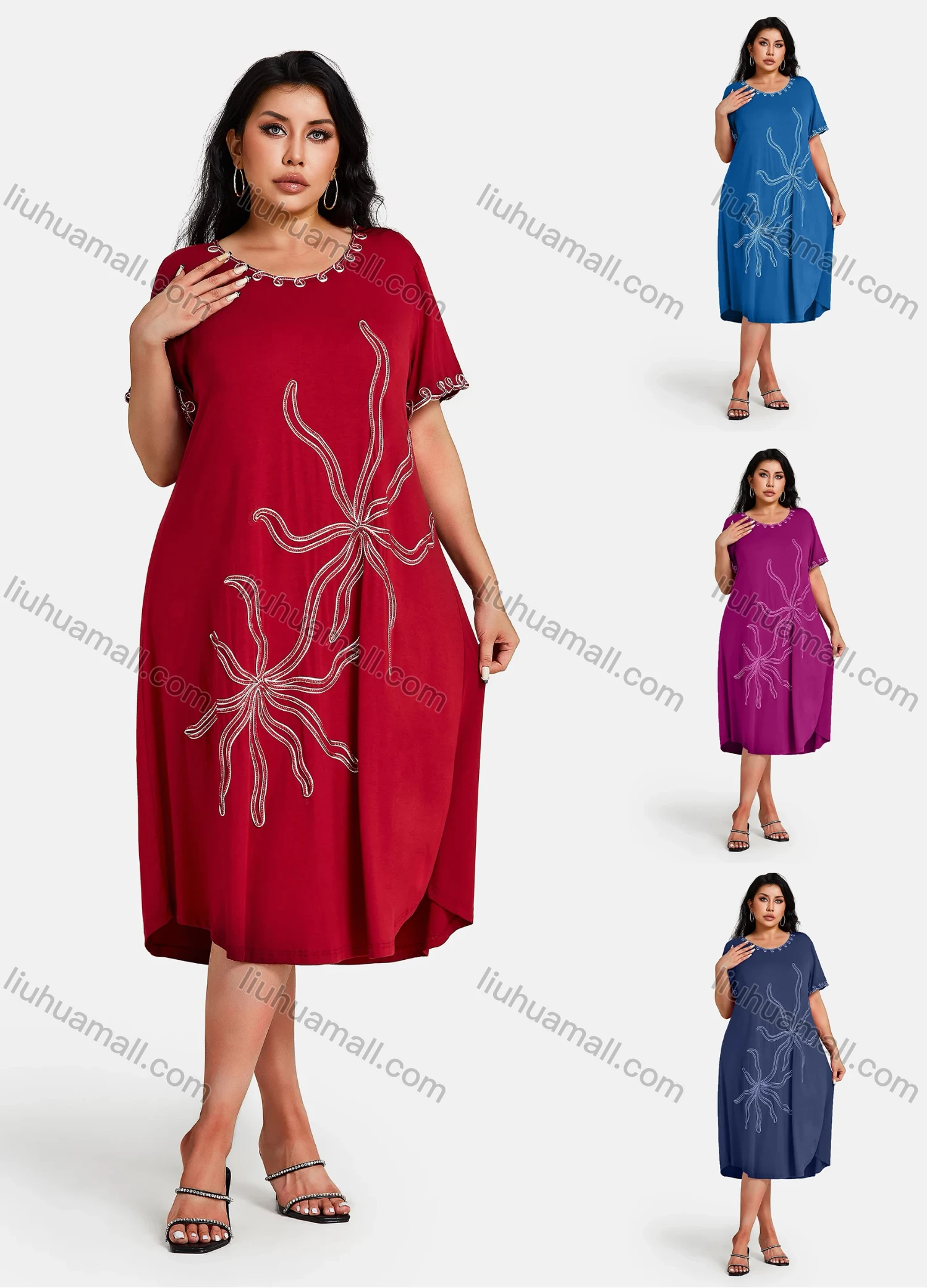 Wholesale Women's Plus Size Elegant Crew Neck Short Sleeve Embroidery Knee Length Dress - Liuhuamall
